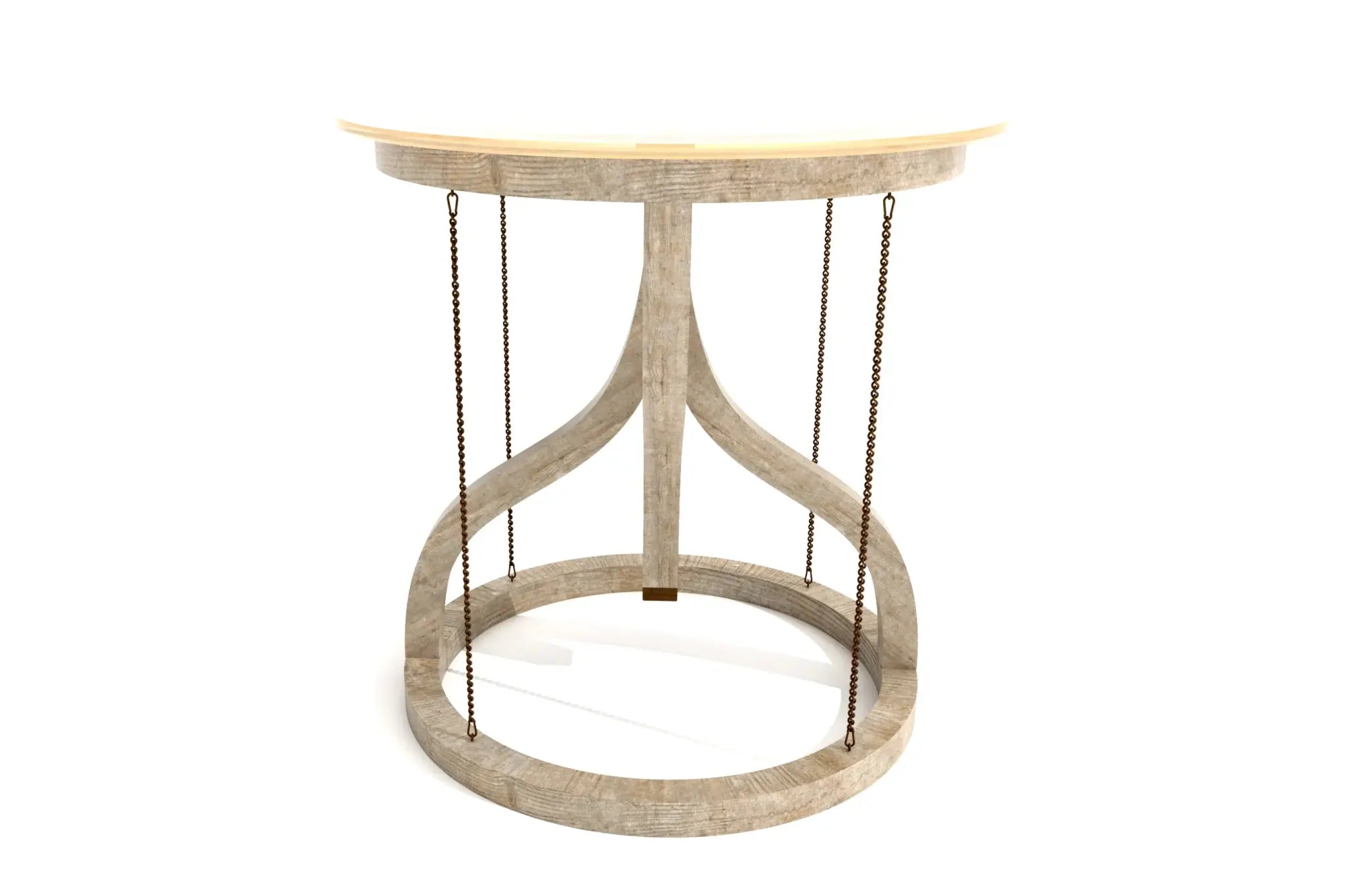 Gravity Side Table with curved wooden supports, metal chains, and a round glass top.