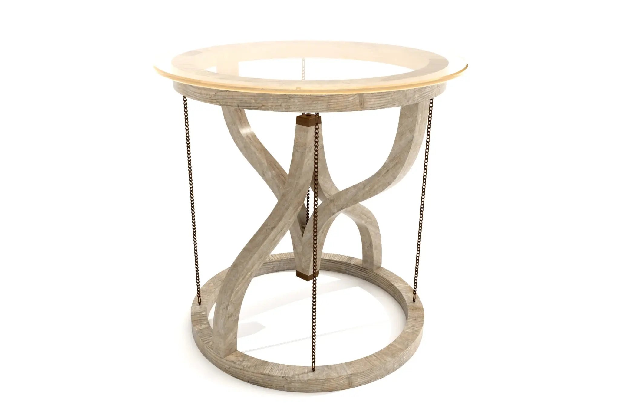 Gravity Side Table with curved wooden supports, metal chains, and round glass top.
