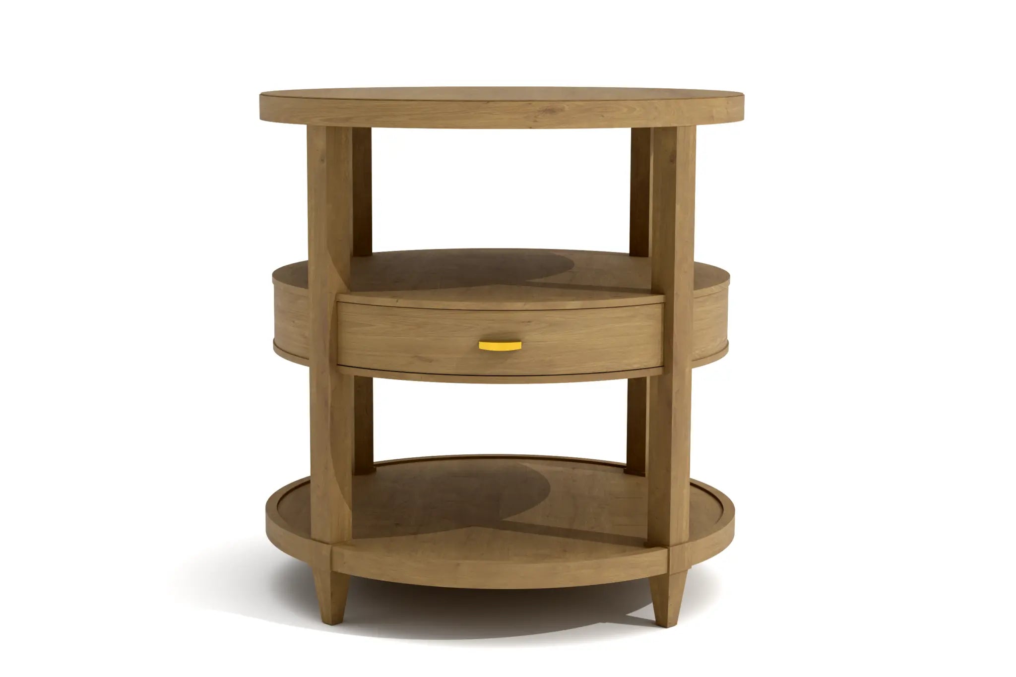 Teressa Side Table 3D CAD with round design, solid wood, two-tier, single drawer, lower shelf, brass handle.