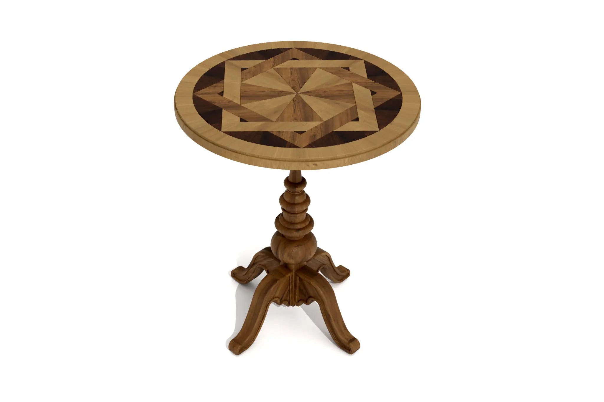 LePre Chairside Table with geometric wood marquetry top and turned pedestal base.