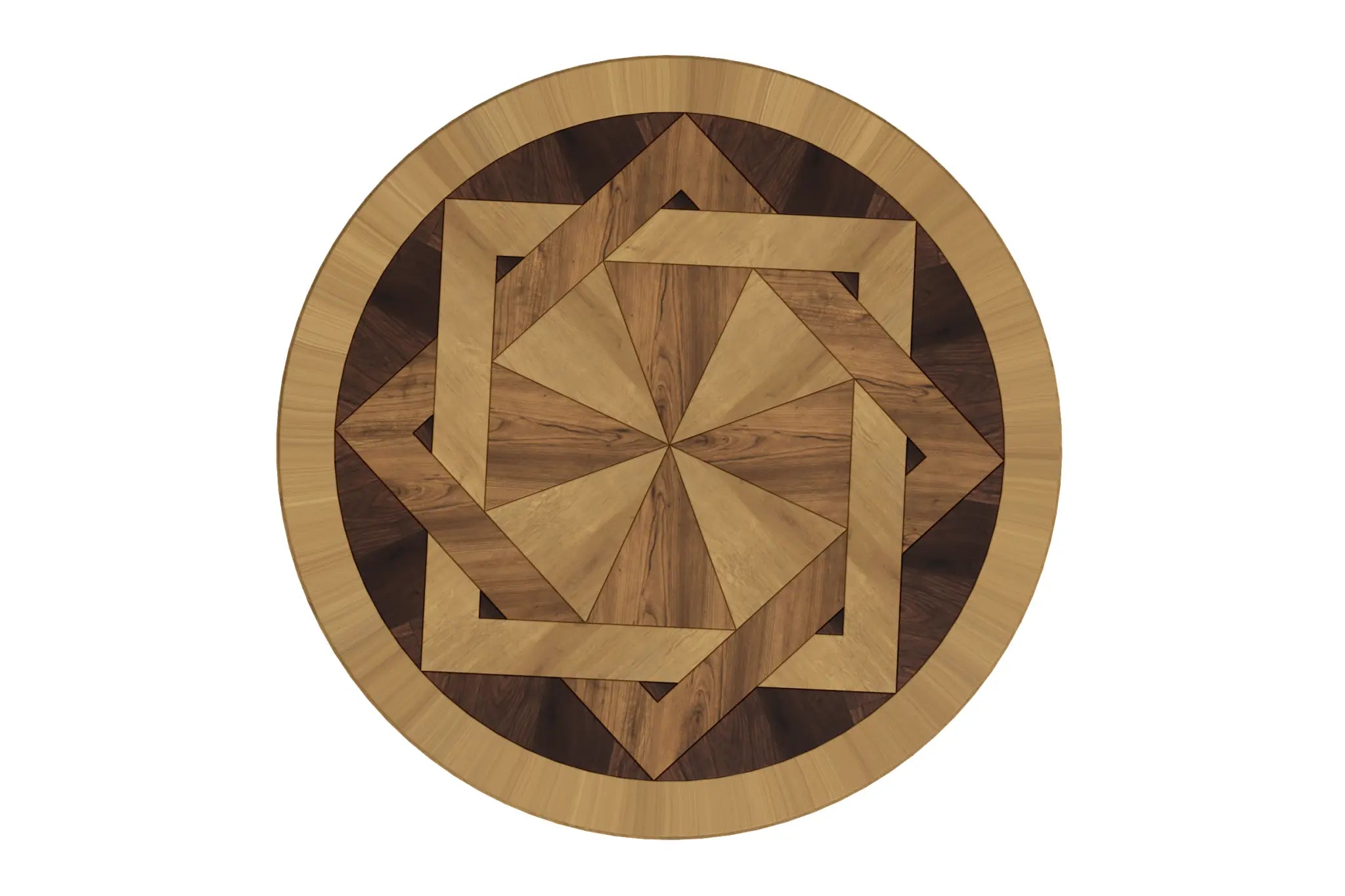 LePre Chairside Table 3D CAD model showcasing intricate wood marquetry with wenge, walnut, and honey oak geometric pattern.