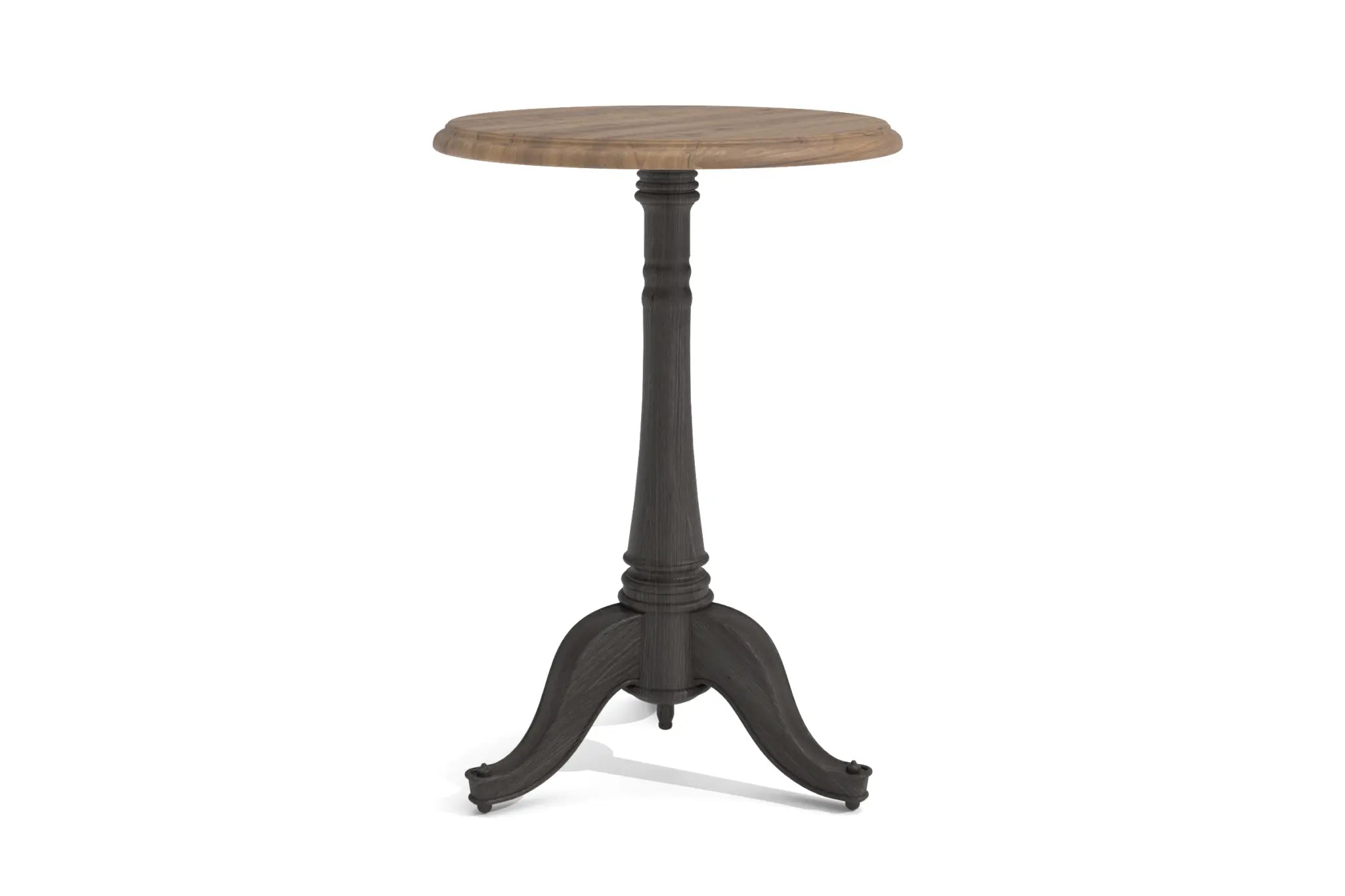 Montmou Chairside Table with round wood top and dark pedestal base in 3D CAD.