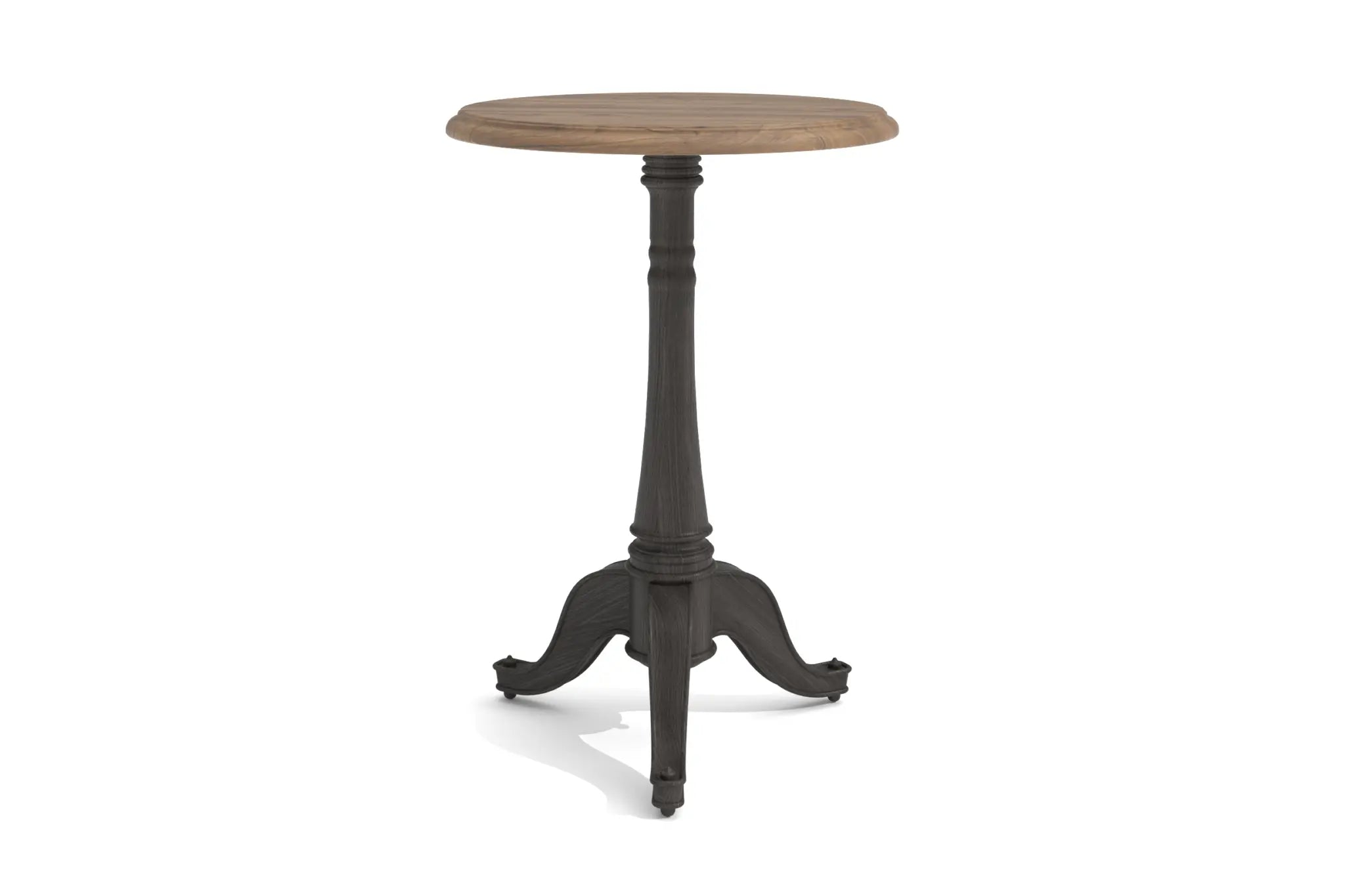Rustic Montmou Chairside Table with round wood tabletop and turned pedestal leg, 3D CAD design.