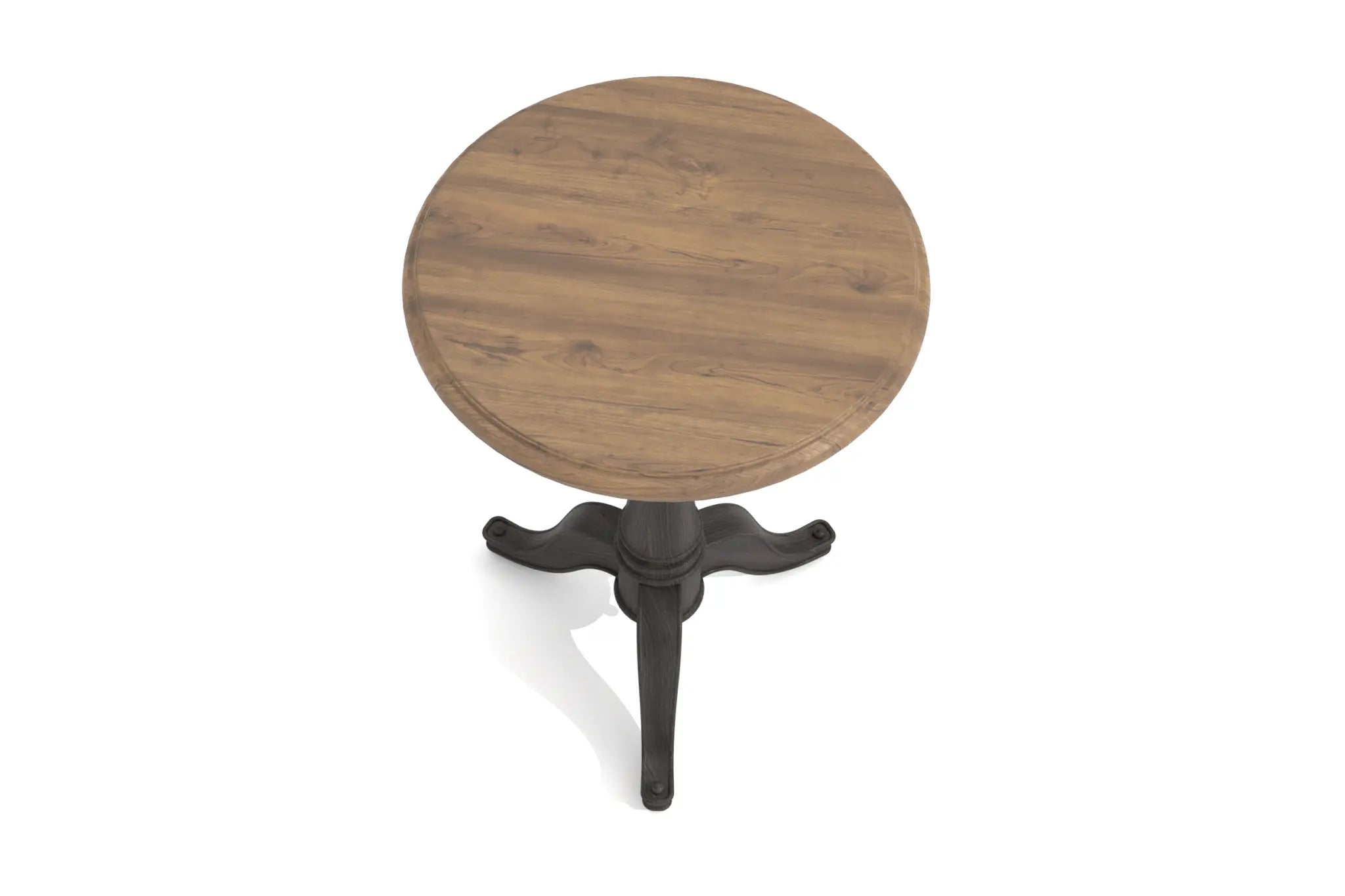 Montmou Chairside Table with round wooden top and dark pedestal base - 3D CAD.