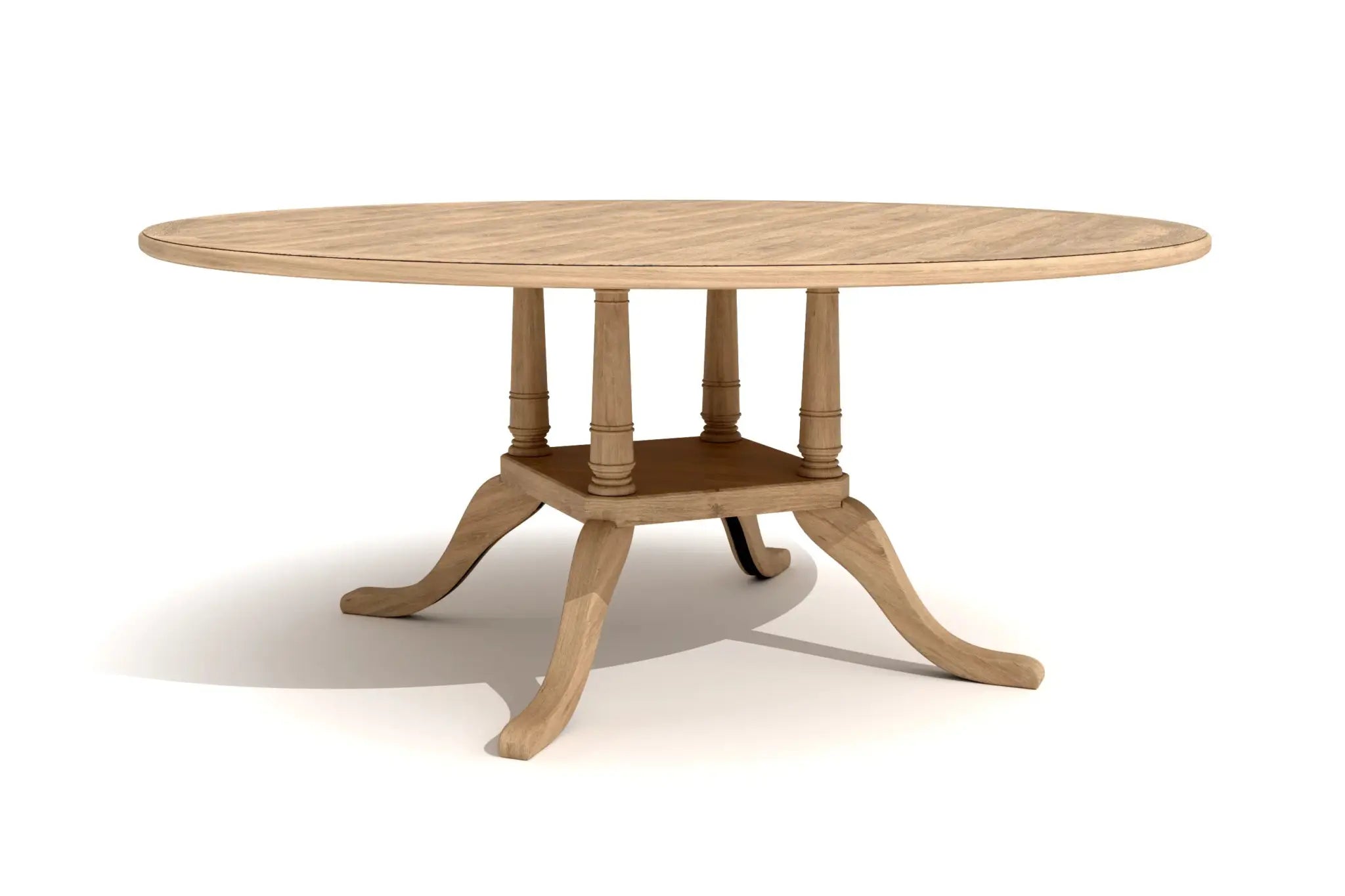 Madigan Dining Table in 3D CAD design, featuring a solid oak rounded top, turned columns, and elegant curved legs.