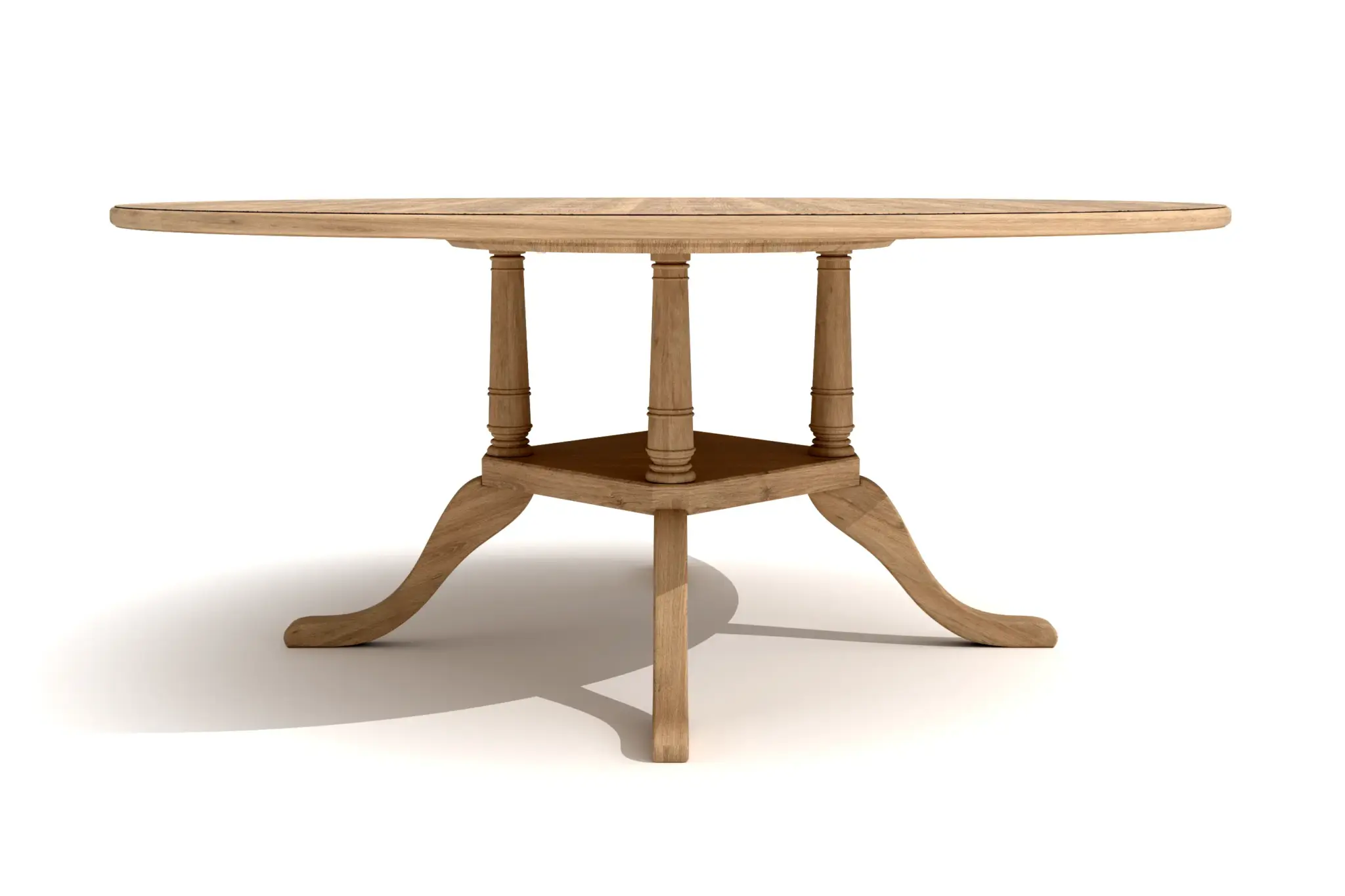 Madigan Dining Table 3D CAD rendering featuring solid oak with a rounded top, turned columns, and elegant legs.