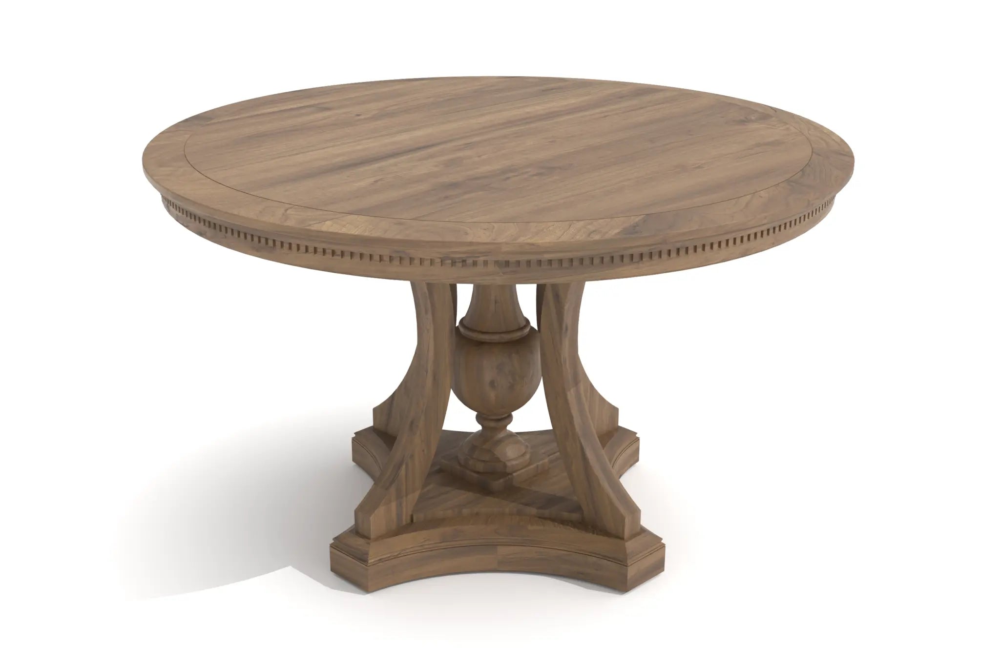 Lea Dining Center Table with elegant round wood design and sculptural supports.