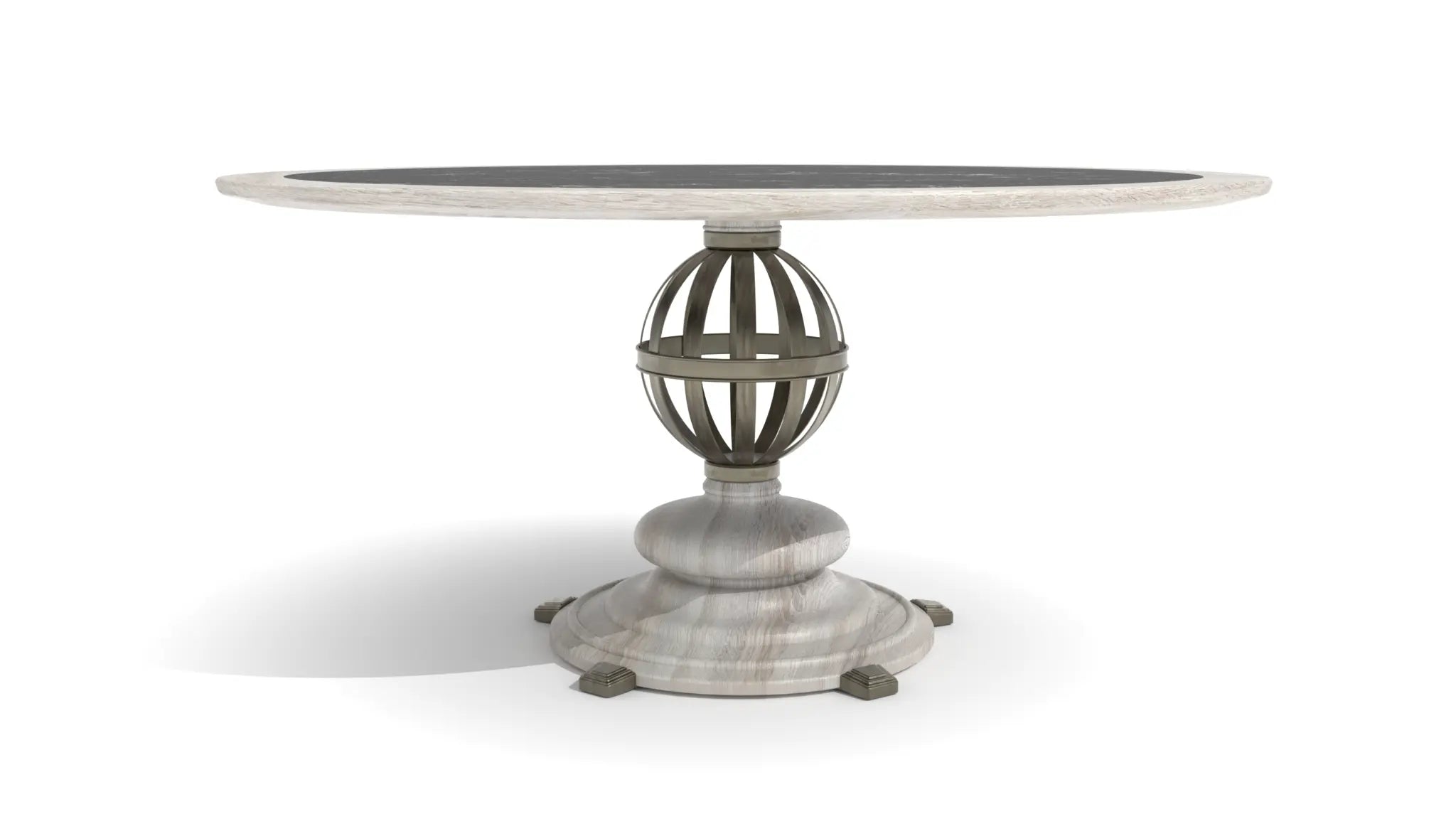 Stamford Bridge Dining Table with black marble top and metal orb pedestal.