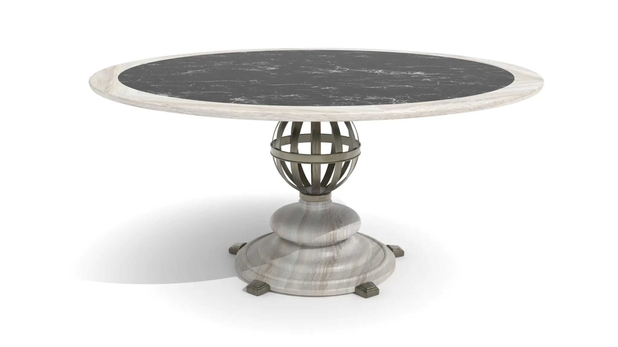 Stamford Bridge Dining Table with black marble top and wooden rim, featuring a sculptural metal orb base.