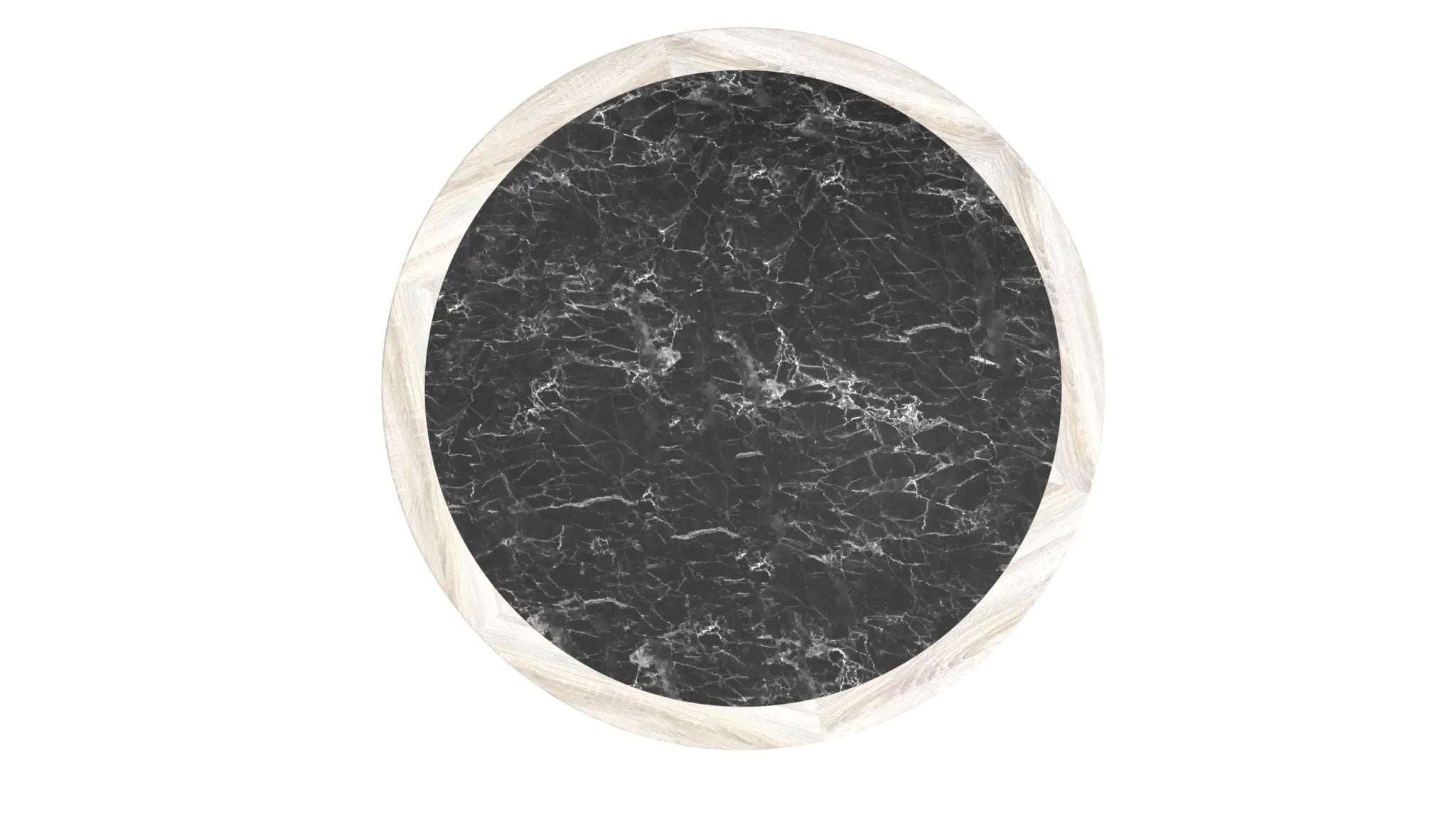 Round Stamford Bridge Dining Table with black marble top and wooden rim.