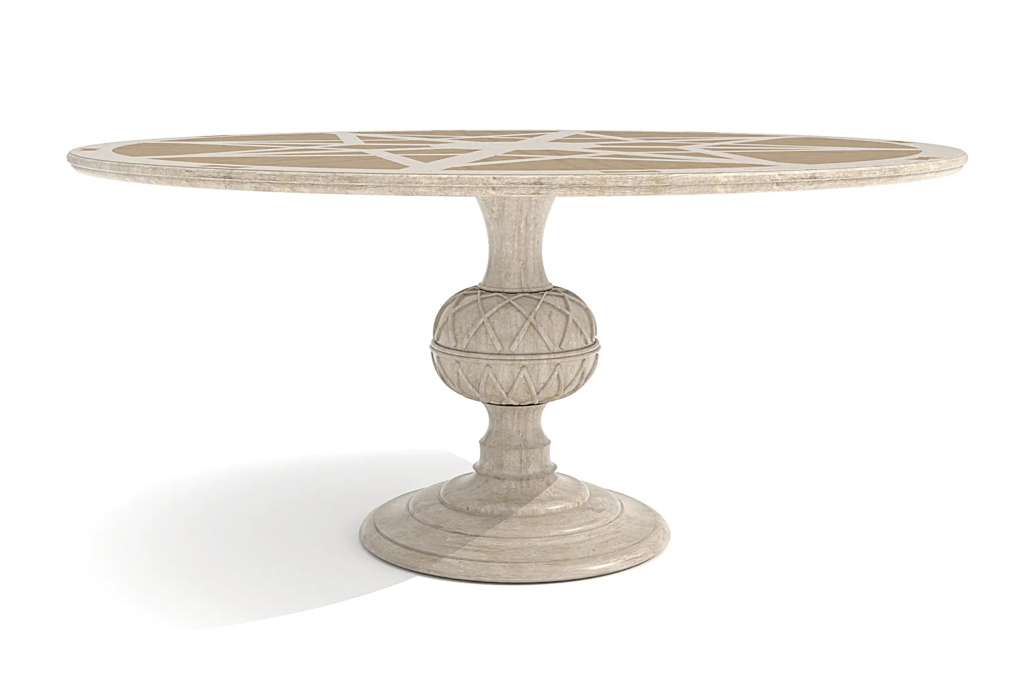 Kalmar Dining Table with rustic oak and cherry starburst top, sculptural pedestal base.