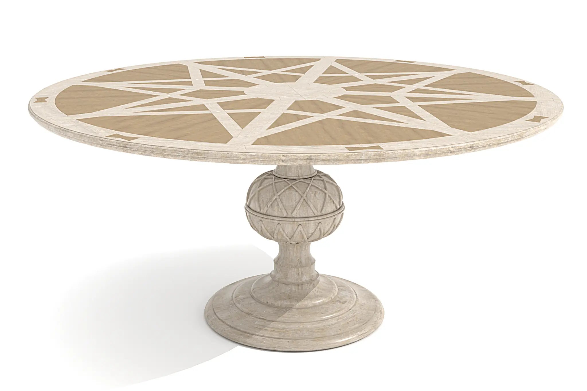 Kalmar Dining Table with starburst oak and cherry inlays and sculptural pedestal base.