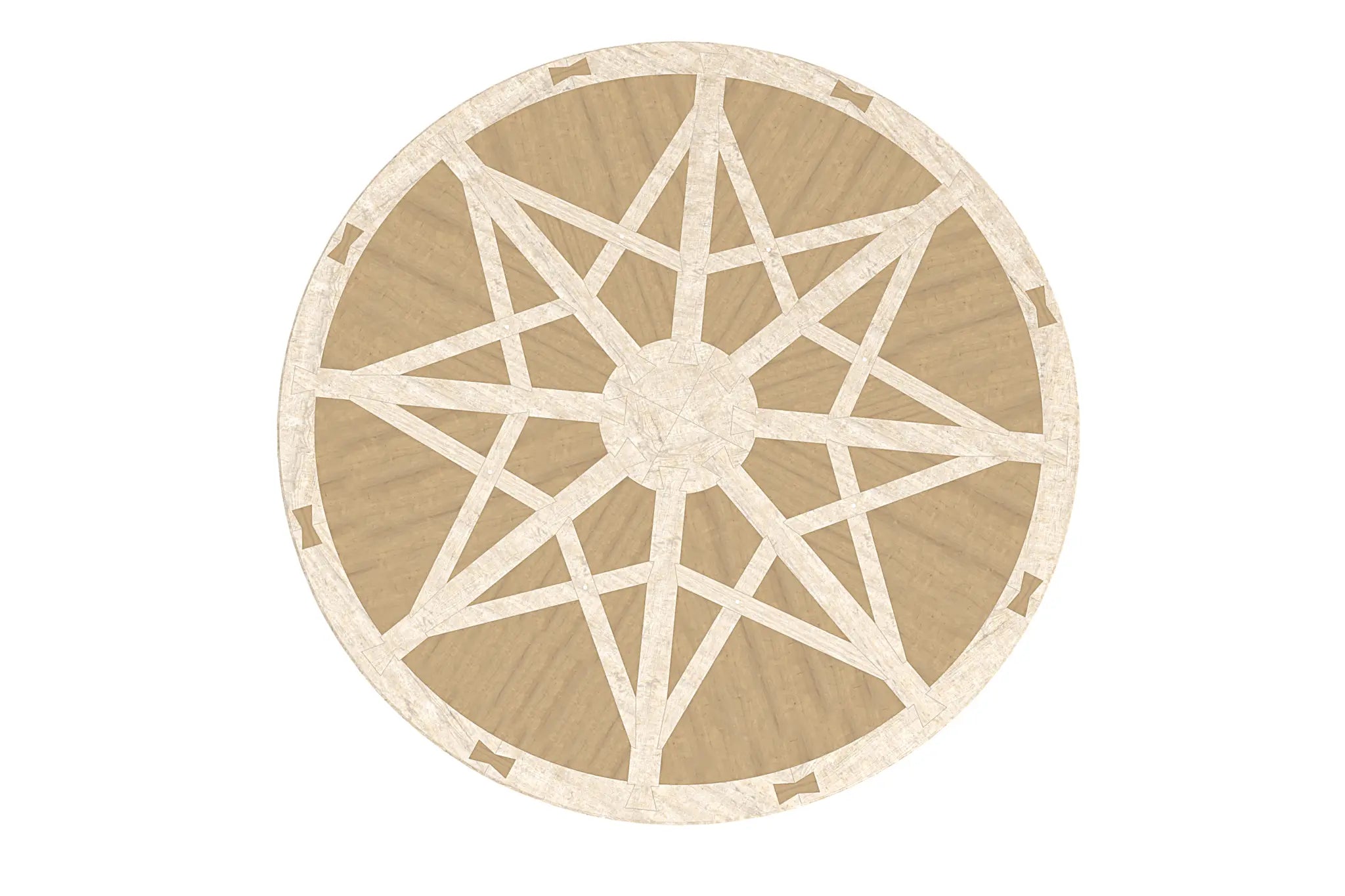 Kalmar Dining Table with starburst oak and cherry inlays on a rustic round tabletop.