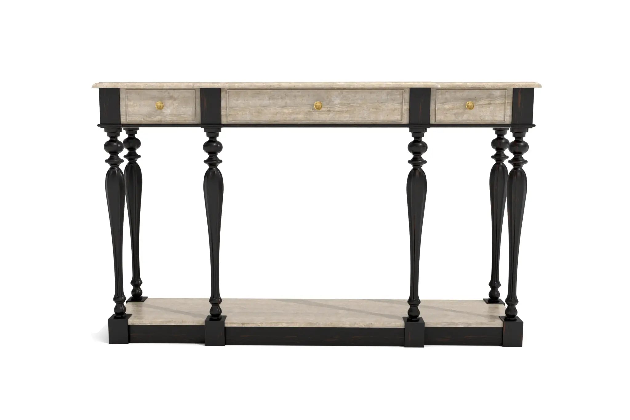 Elegant console table design with distressed finish and slender legs, depicted in 3D CAD.
