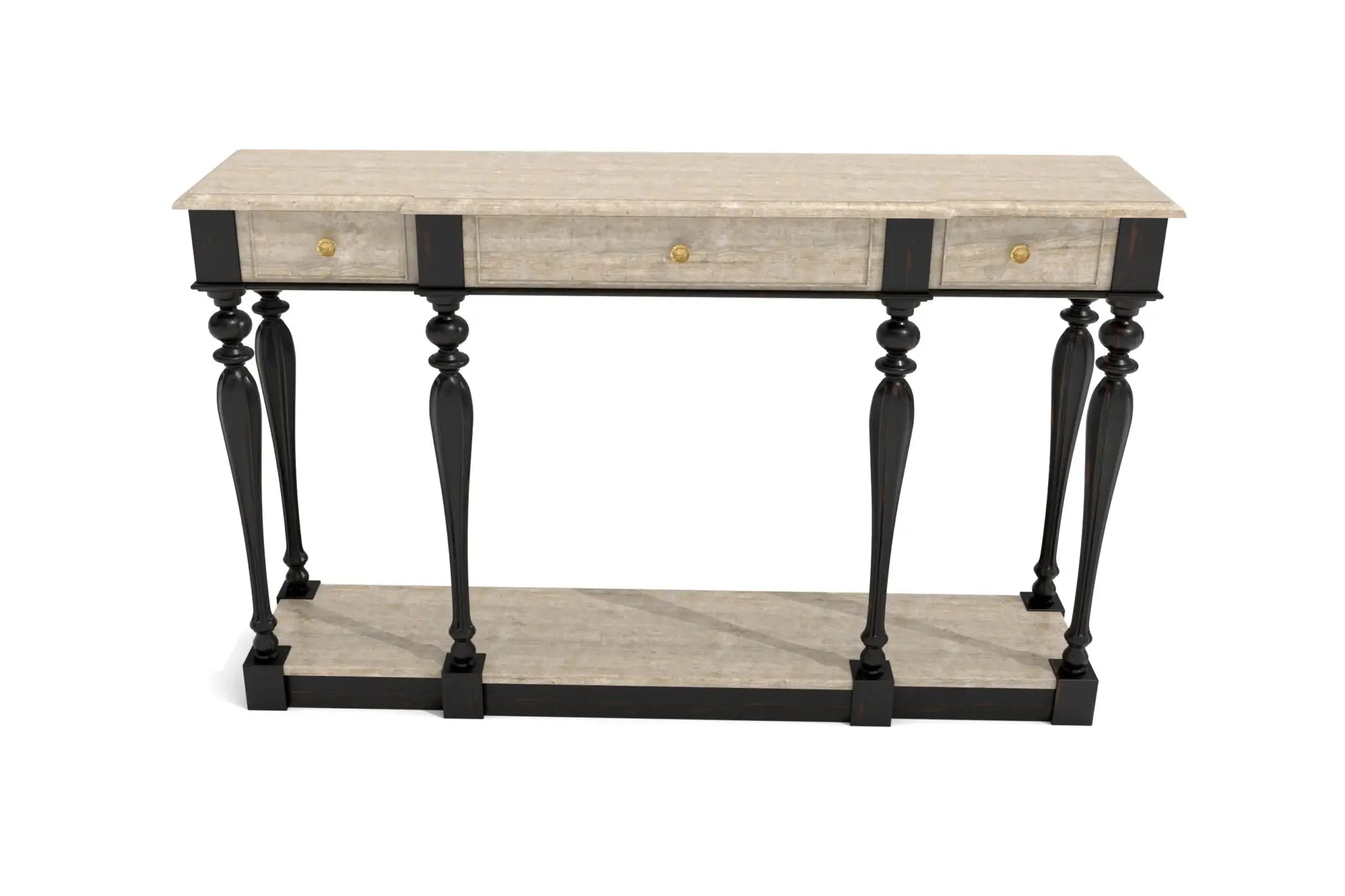 Colsole Table - 3D CAD with antique design, distressed finish, black rub-through paint, sleek slender legs, perfect for contemporary interiors.