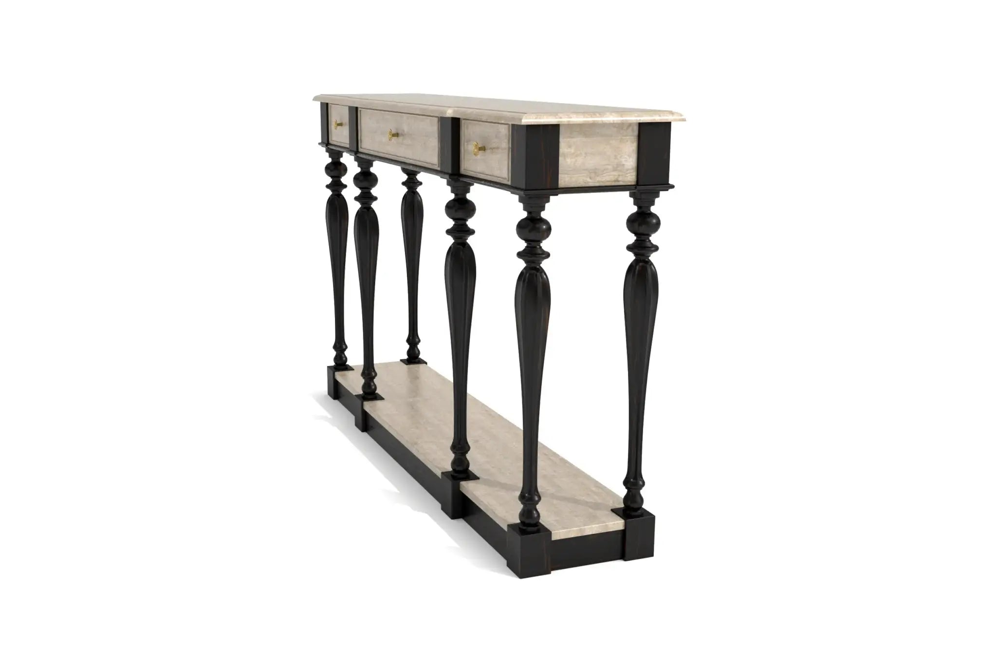 Colsole Table - 3D CAD design with slender legs, distressed finish, and black rub-through paint effect.