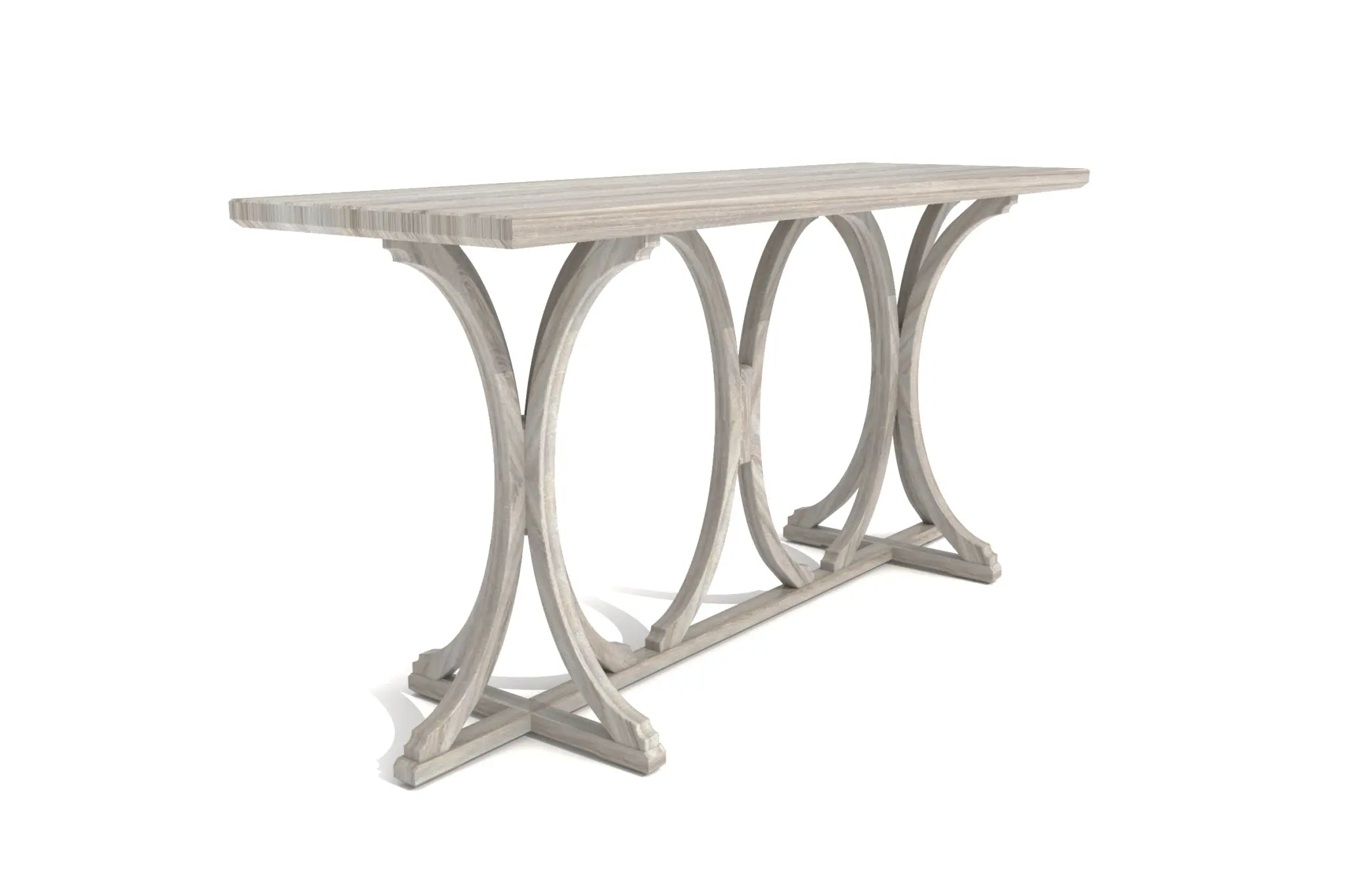Elisa Console Table with sculptural arcs and weathered finish in 3D CAD design.
