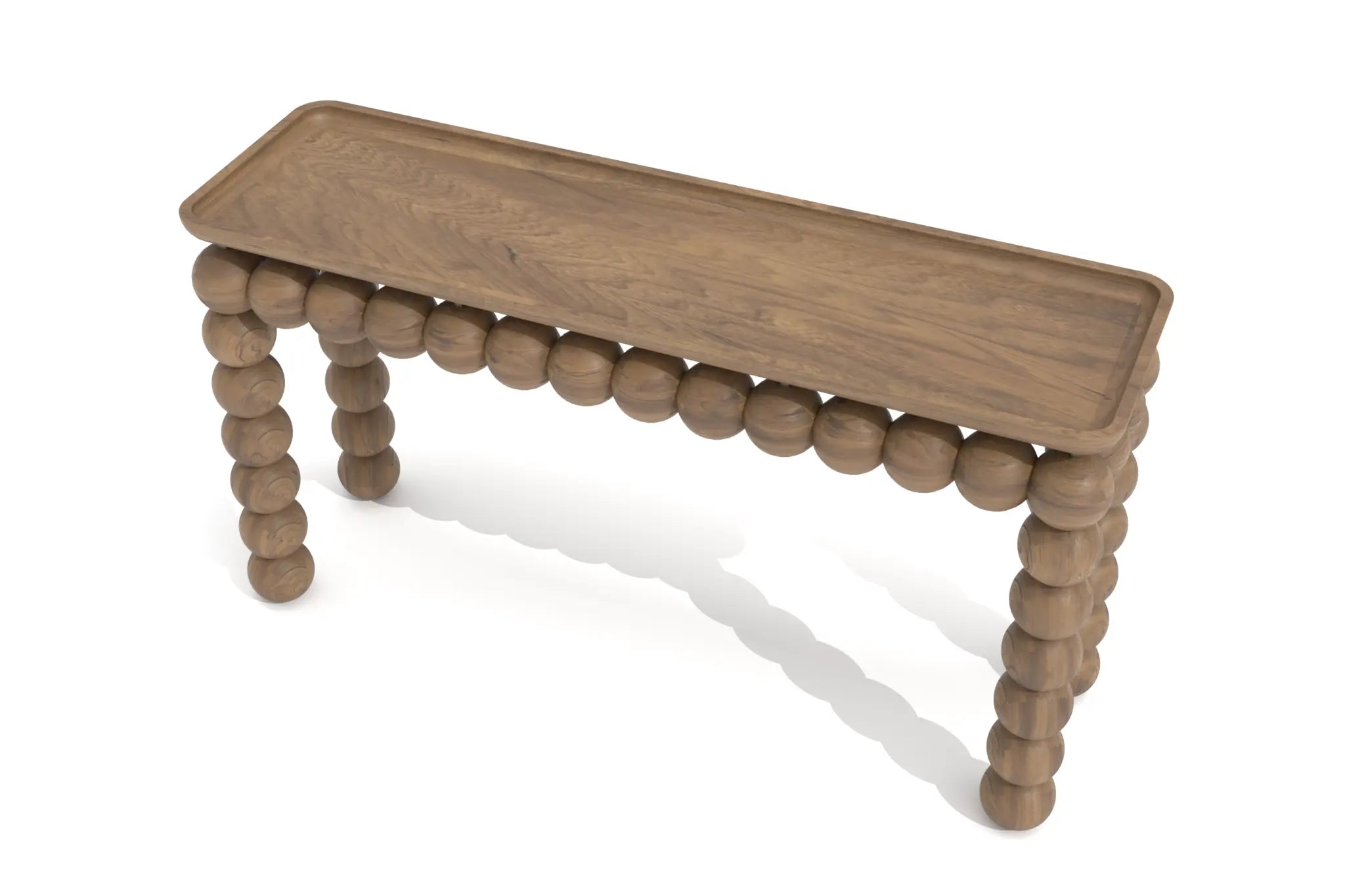 Magaritari Console Table - 3D CAD with spherical bead-like legs and apron, featuring a warm, grainy wooden top with rounded corners and raised edges.