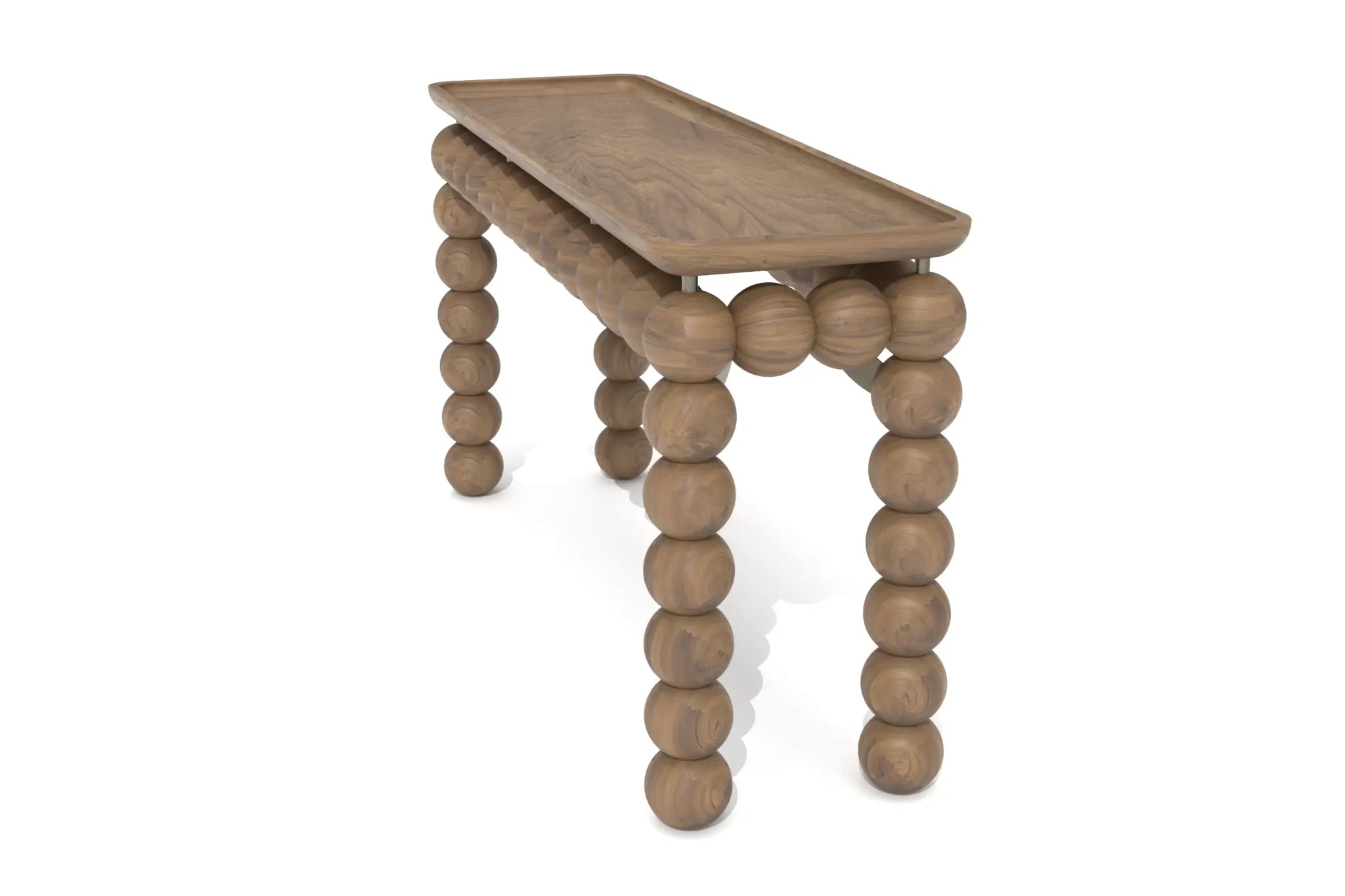 Magaritari Console Table - 3D CAD with bead-shaped legs and warm wood grain.
