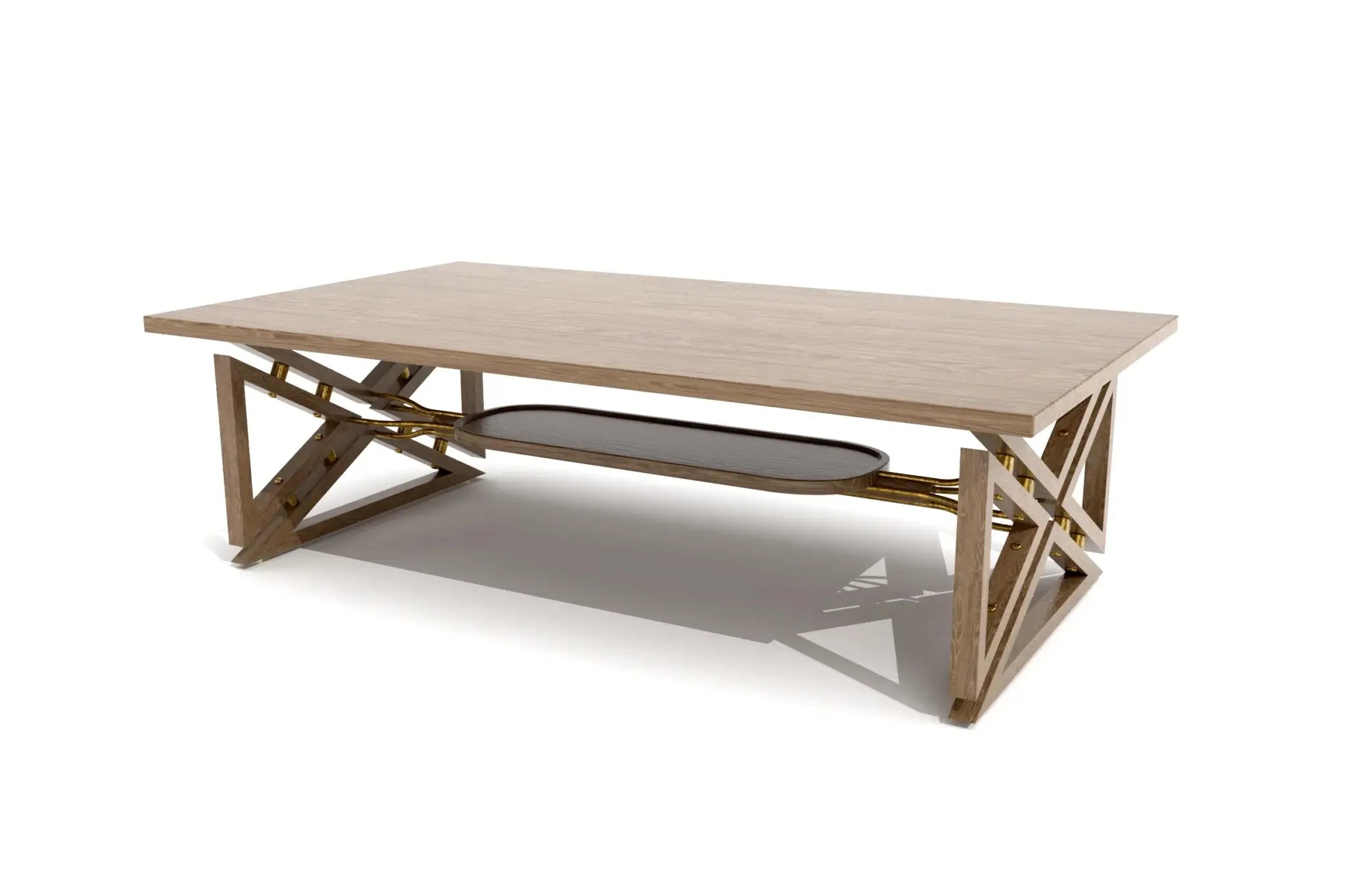 Fairfax Coffee Table with wooden top and geometric base, featuring brass-toned hardware and suspended storage tray.