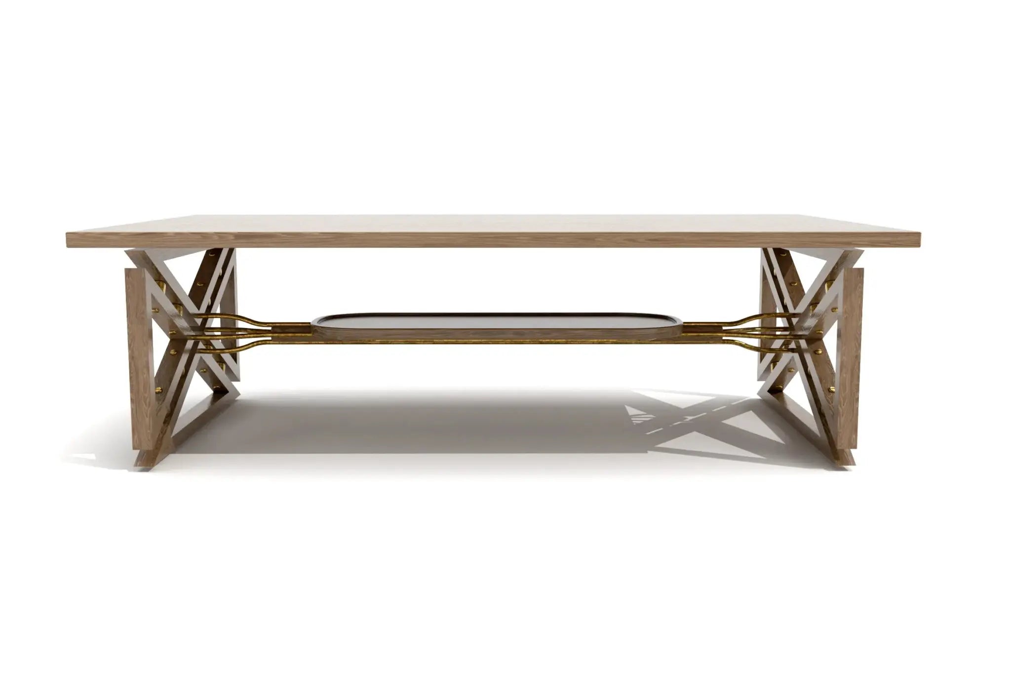 Fairfax Coffee Table with geometric wood base and brass accents, featuring a suspended storage tray.