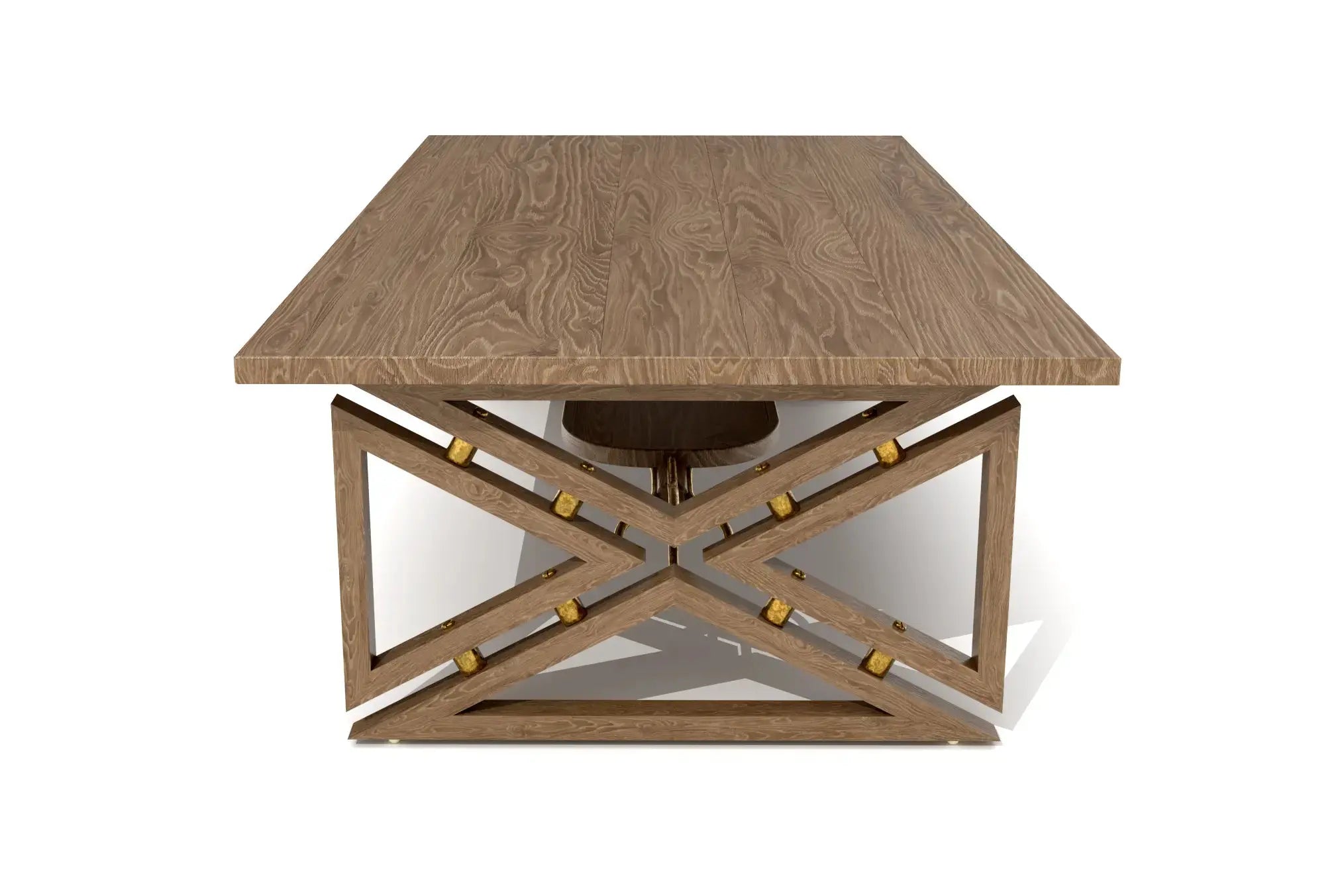 Fairfax Coffee Table with geometric base and brass accents.