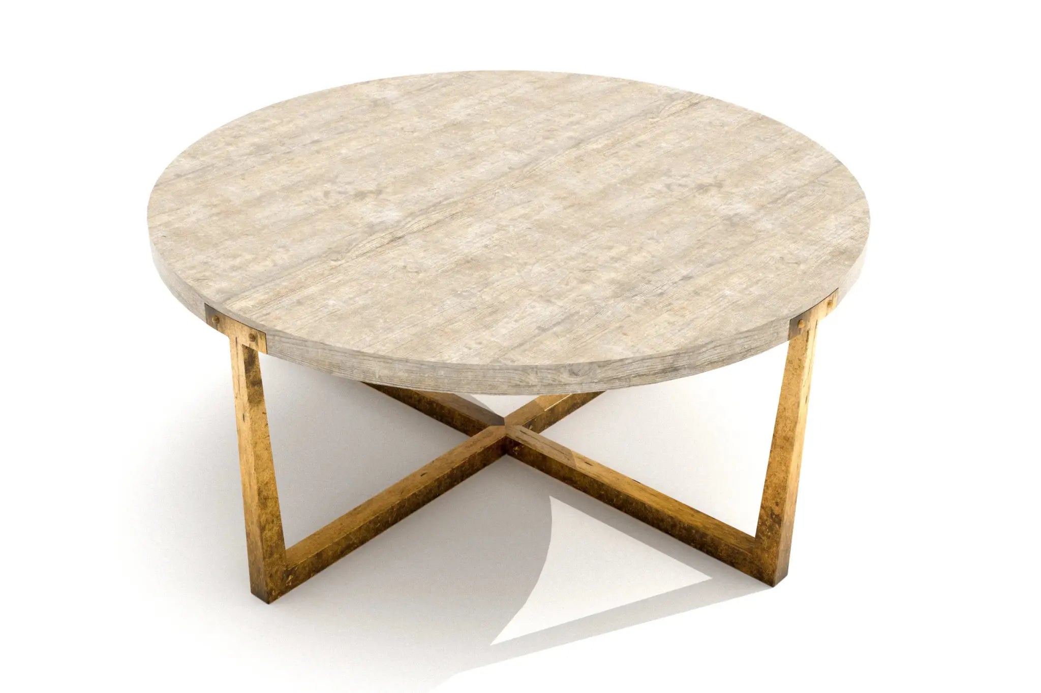 Round Nolan Coffee Table with rustic wood top and antiqued-gold metal X-shaped base in 3D CAD rendering.