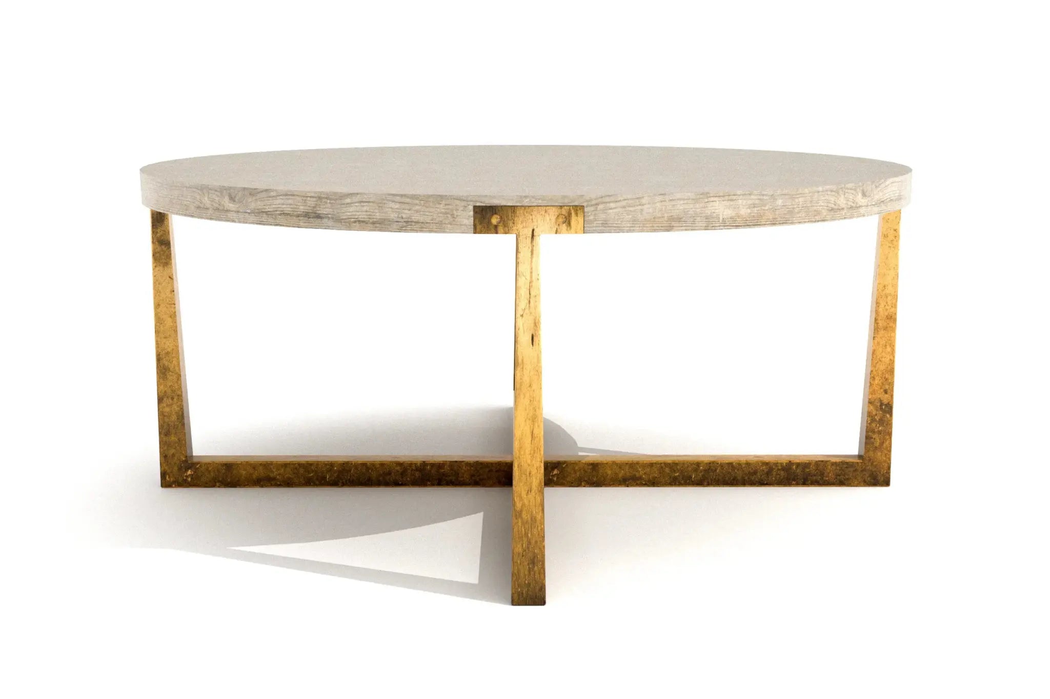 Nolan Coffee Table - 3D CAD with rustic wood top and antiqued-gold metal base.