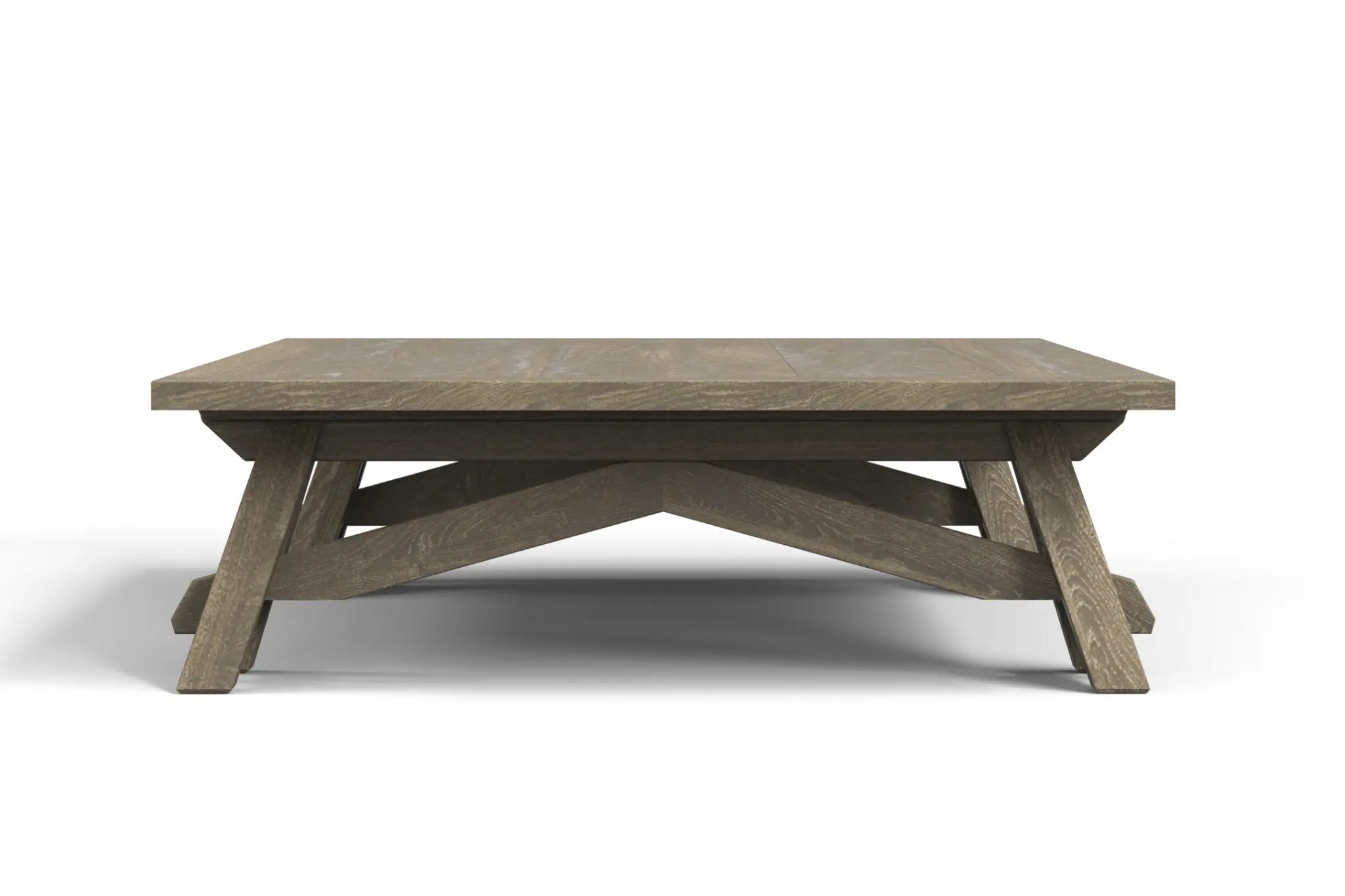 Sawhorse Coffee Table with wood top and angled sawhorse legs, 3D CAD design.