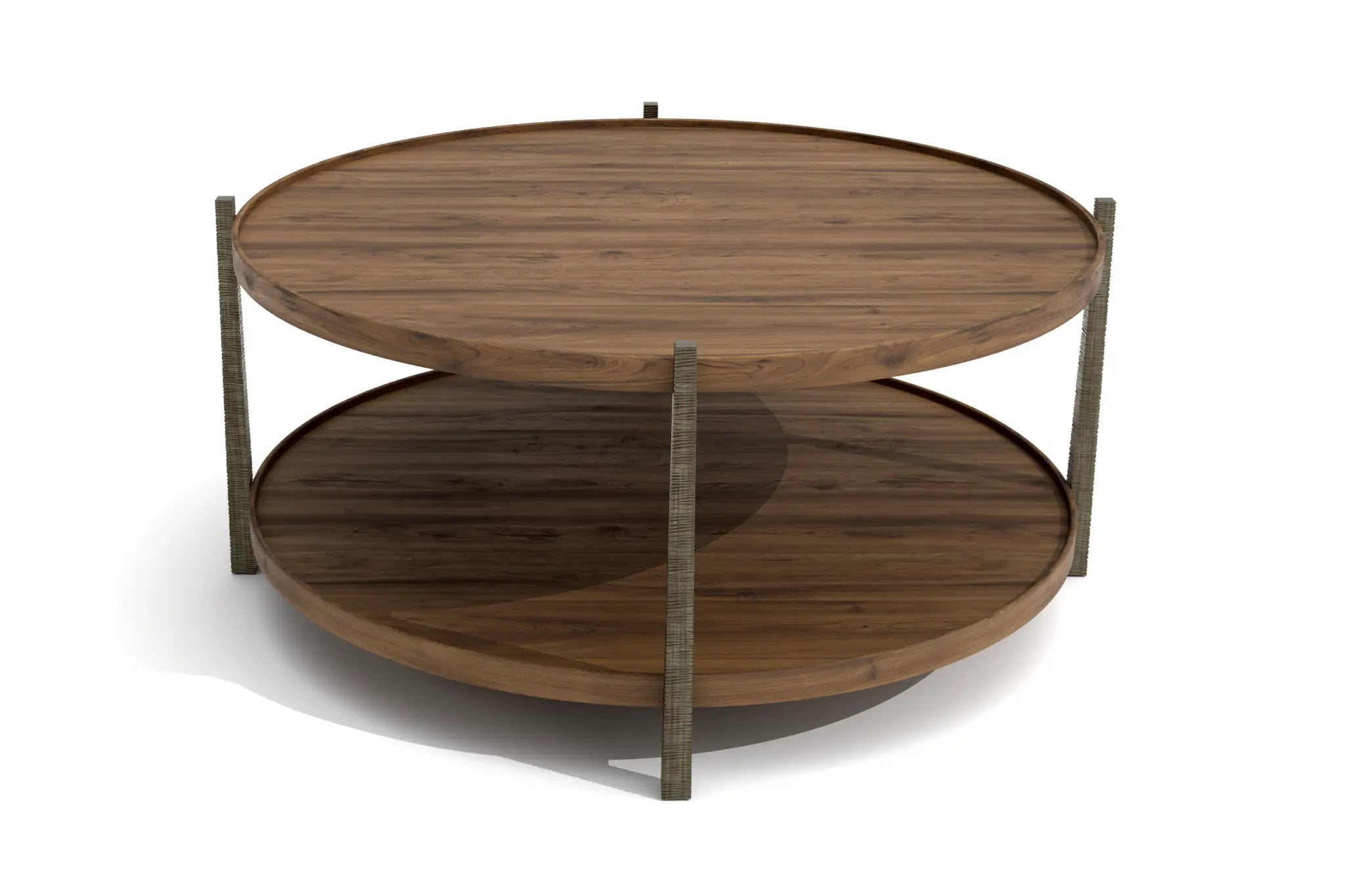 Double-tiered Ironore coffee table with wood surfaces and cast-iron legs, 3D CAD design.