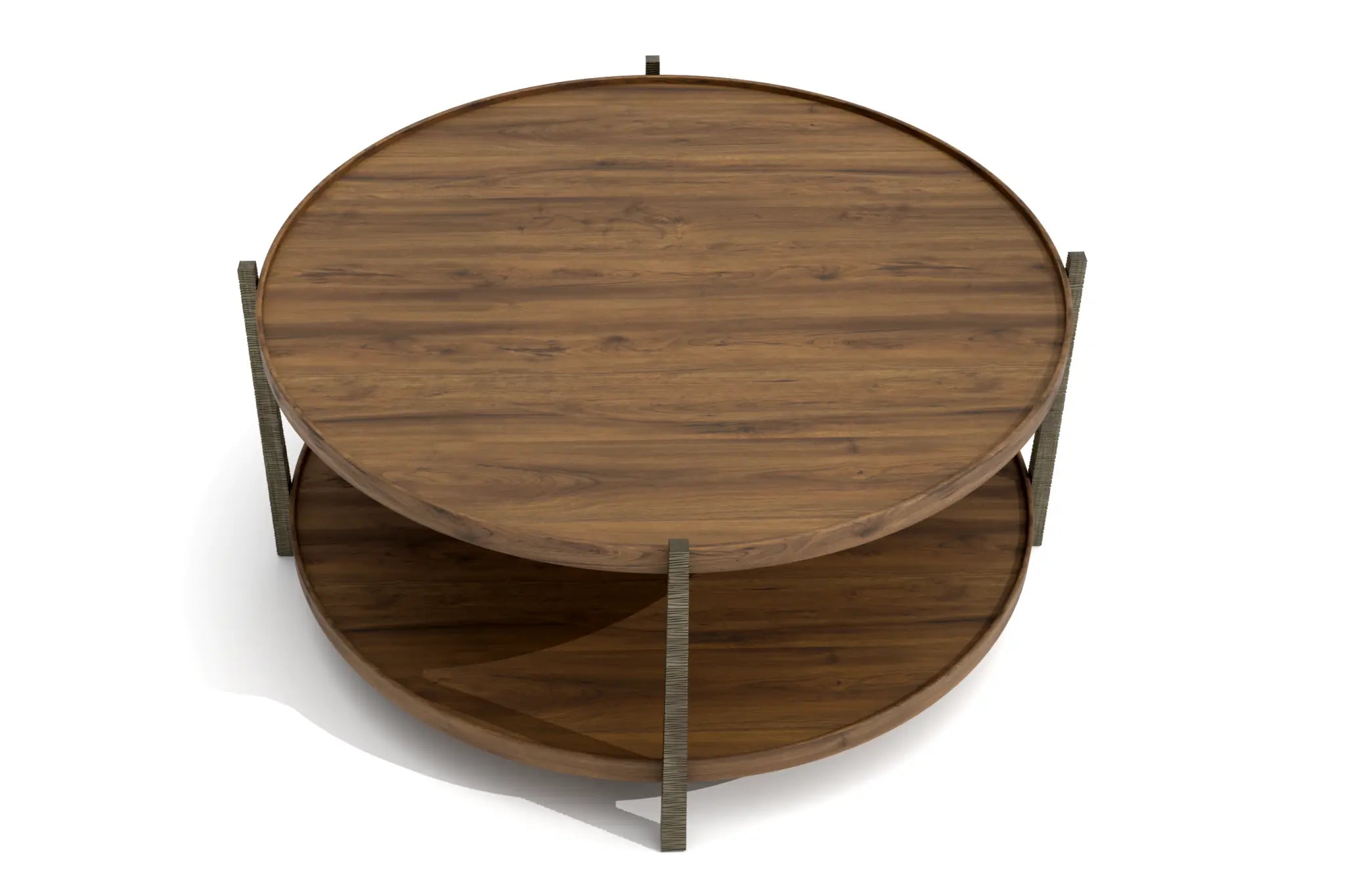 Ironore Coffee Table with wooden round tiers and cast-iron legs, showcasing a double-tiered design in 3D CAD render.