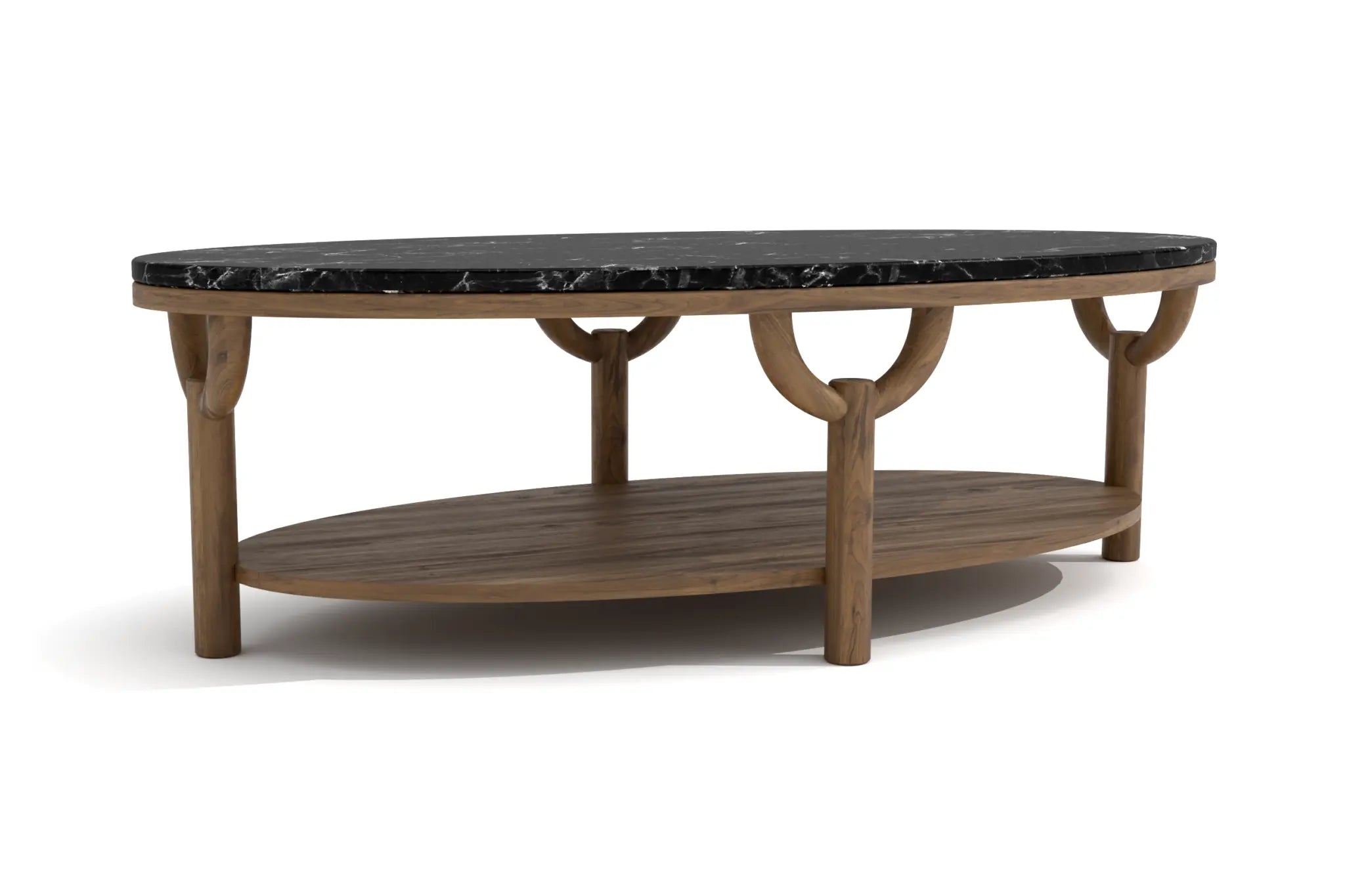 Olive Oval Coffee Table with black marble top and walnut finish.