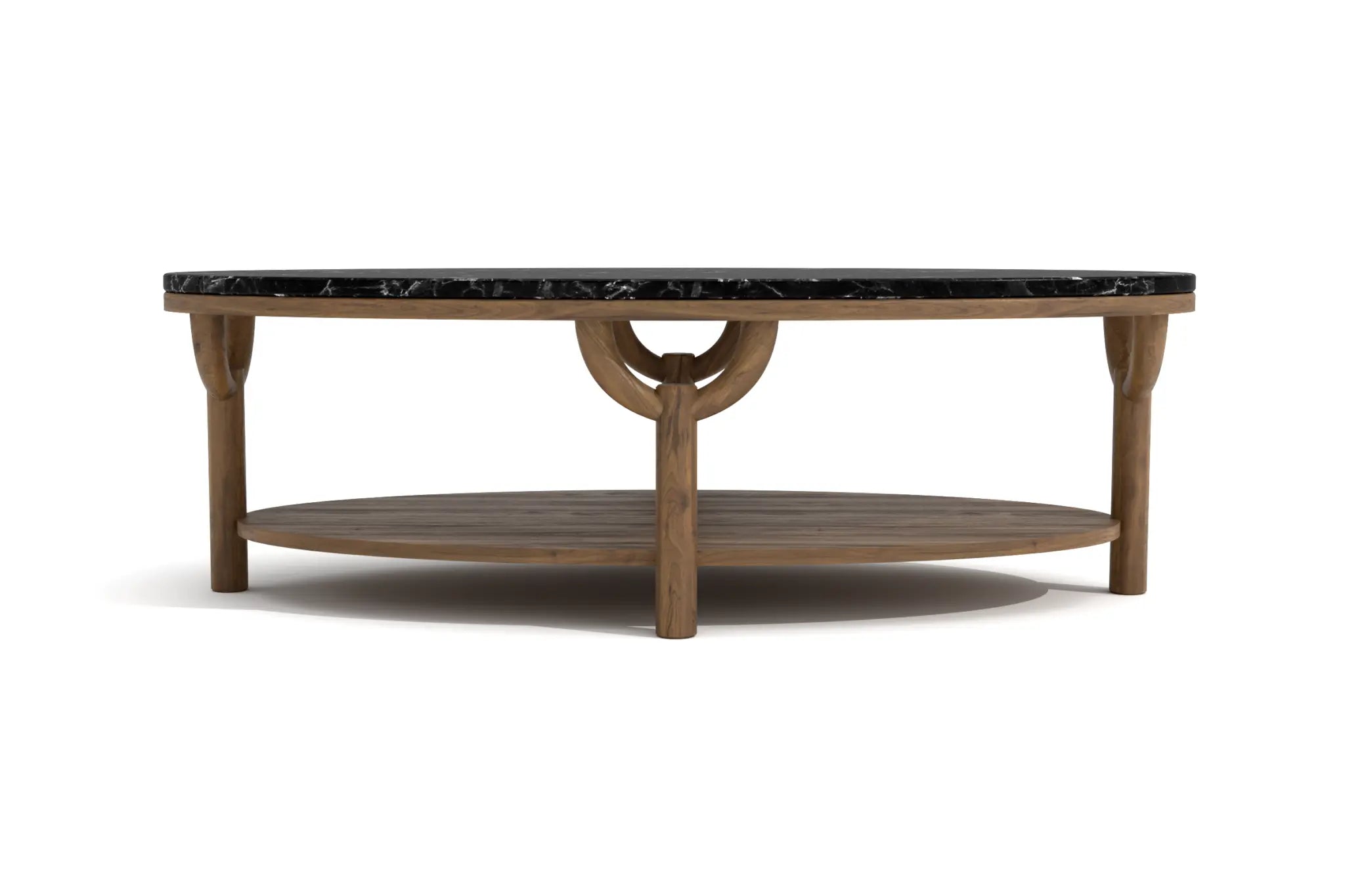 Olive Oval Coffee Table with black marble top and walnut-finished wood.