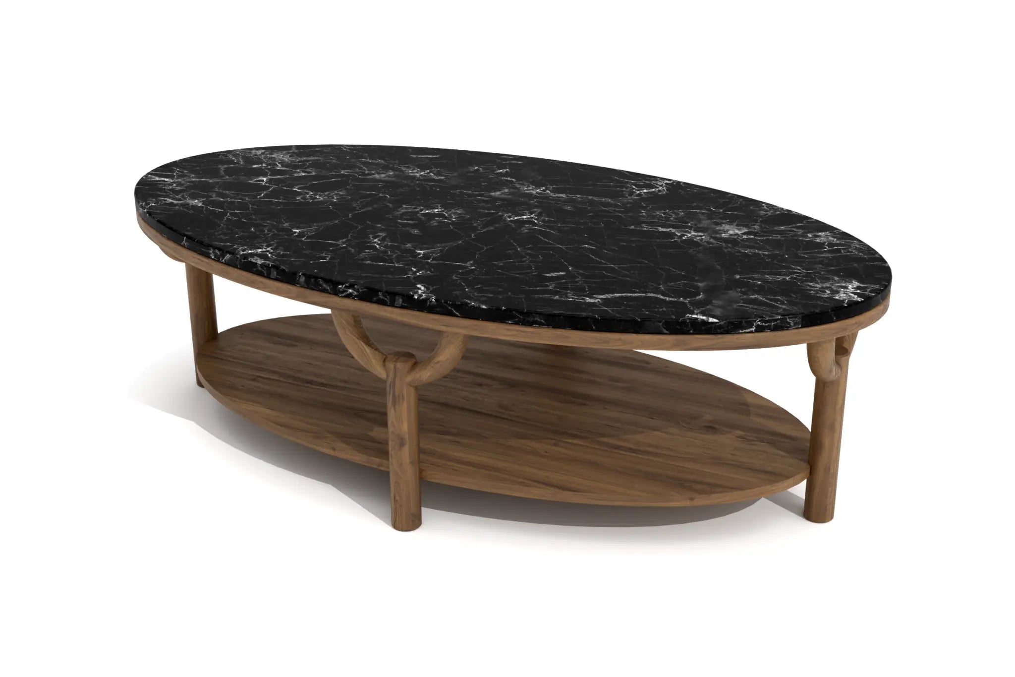 Olive Oval Coffee Table with black marble top and walnut-finished wood base, featuring a lower shelf.