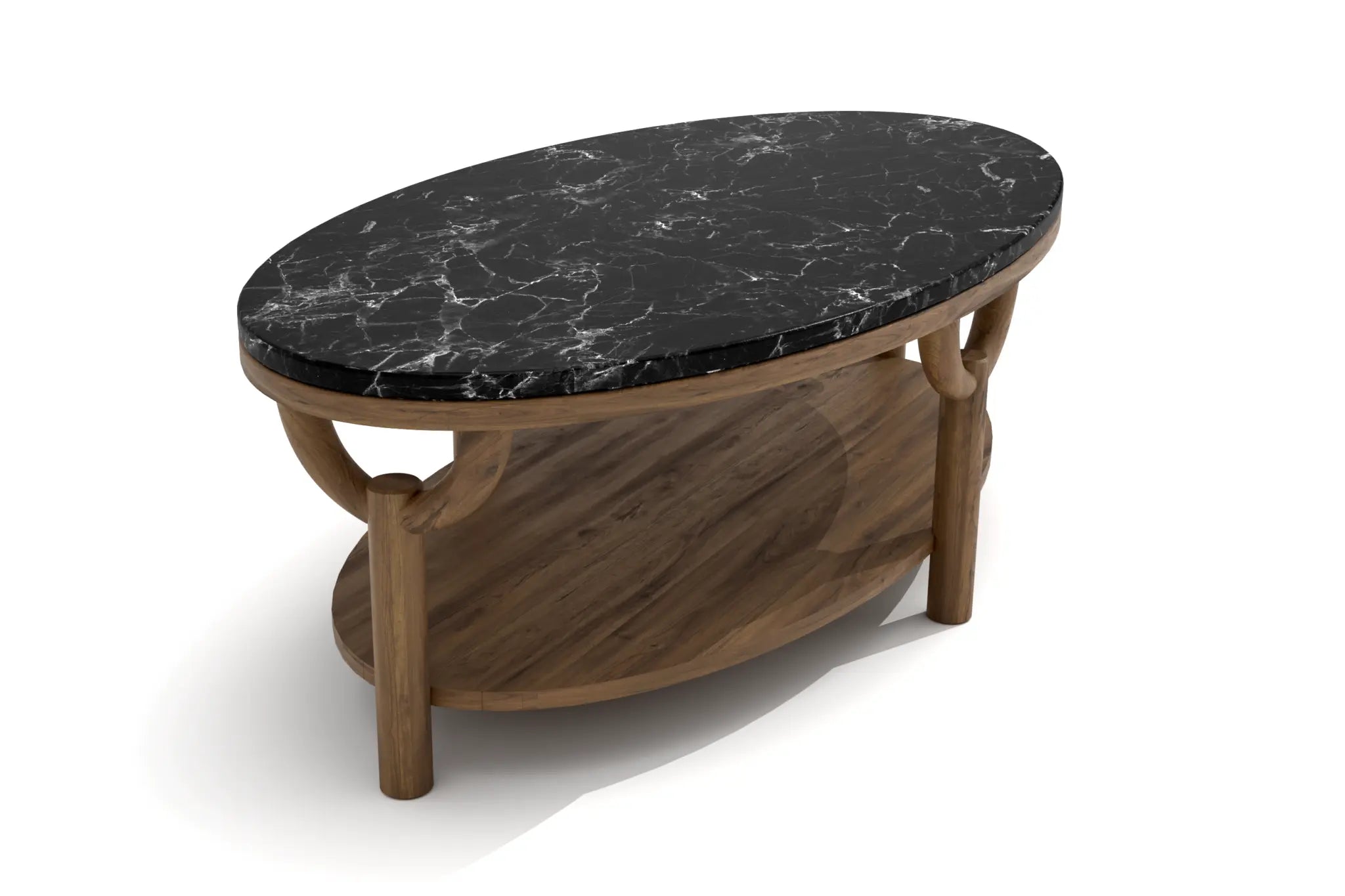 Olive Oval Coffee Table with black marble top and walnut-finished wood, featuring a lower shelf and curved supports.