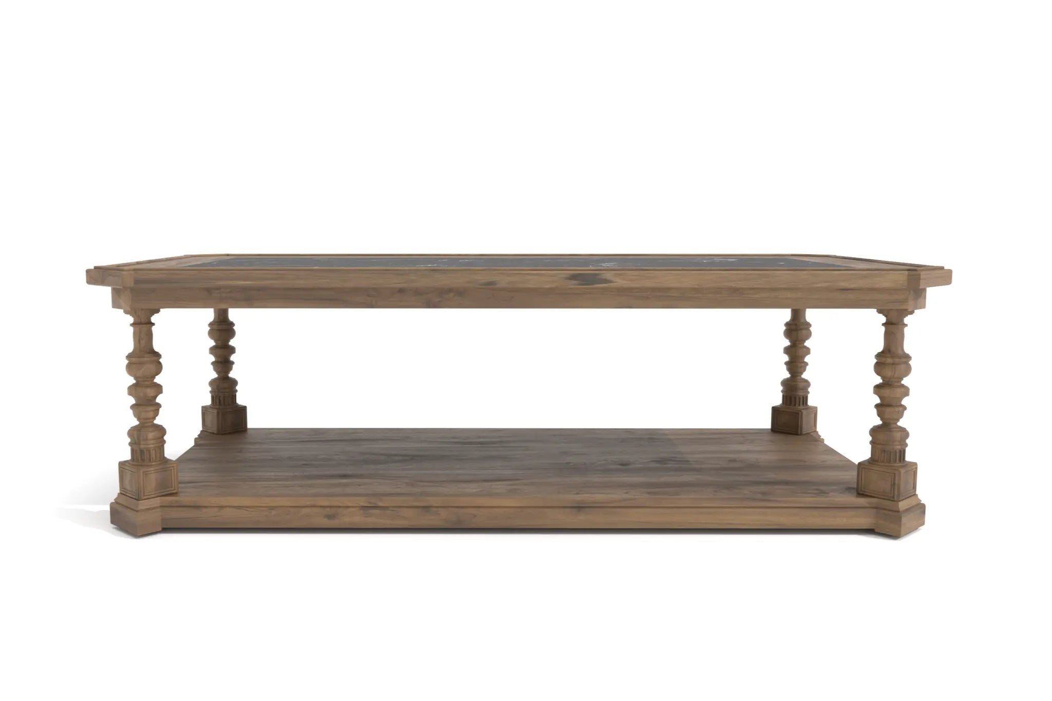 Taran Coffee Table with black marble top and turned wooden legs, featuring a lower shelf for storage.