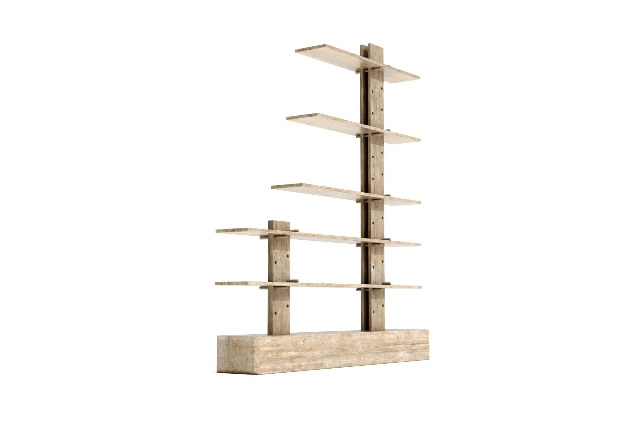 Heritage Ladder Shelf 3D CAD design showcasing rustic wood texture with asymmetrical shelves.