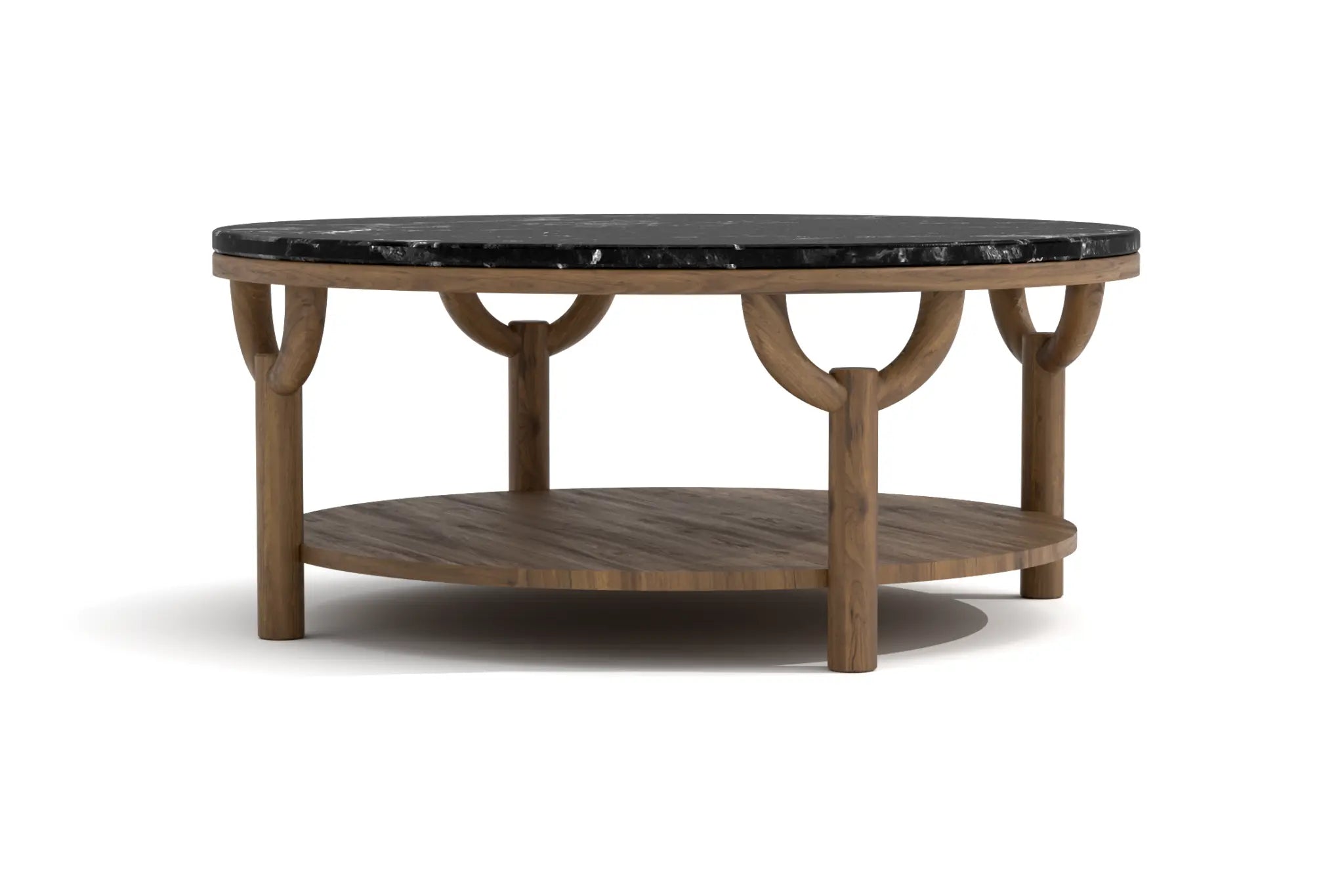 Olive Round Coffee Table with black marble top and walnut-finish base in 3D CAD design.
