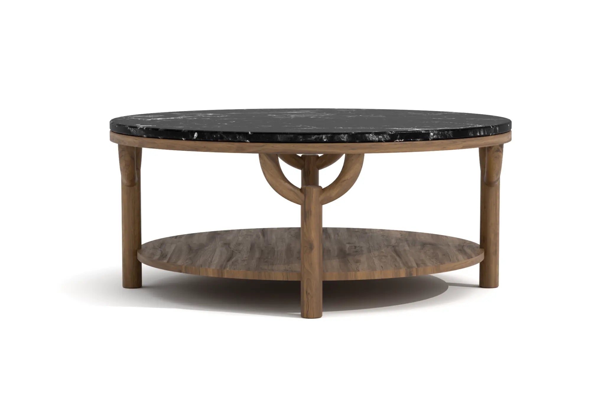 Olive Round Coffee Table with black marble top and walnut-finish base in 3D CAD design.