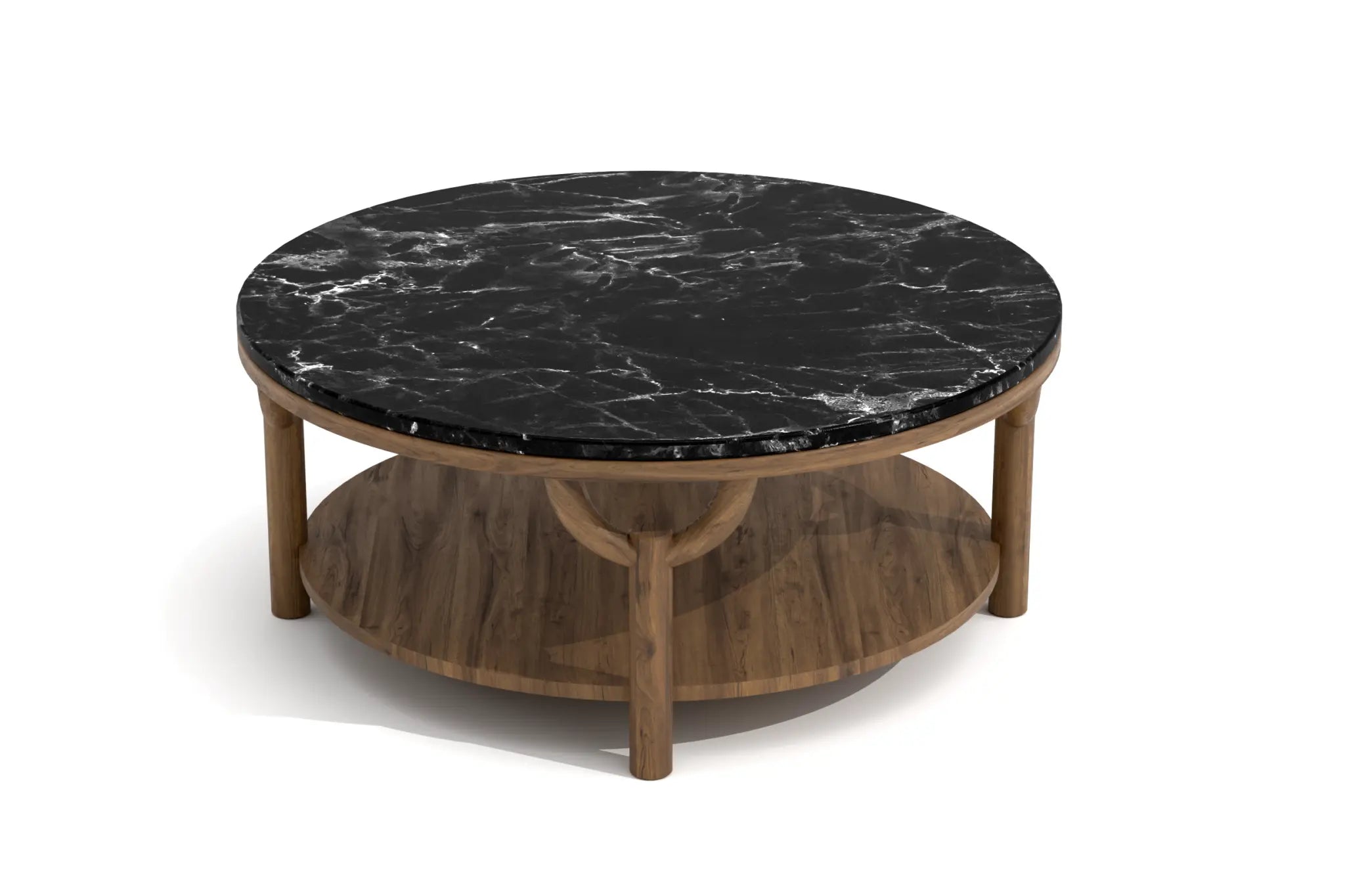 Olive Round Coffee Table with black marble top, walnut-finish base, and lower shelf in 3D CAD design.