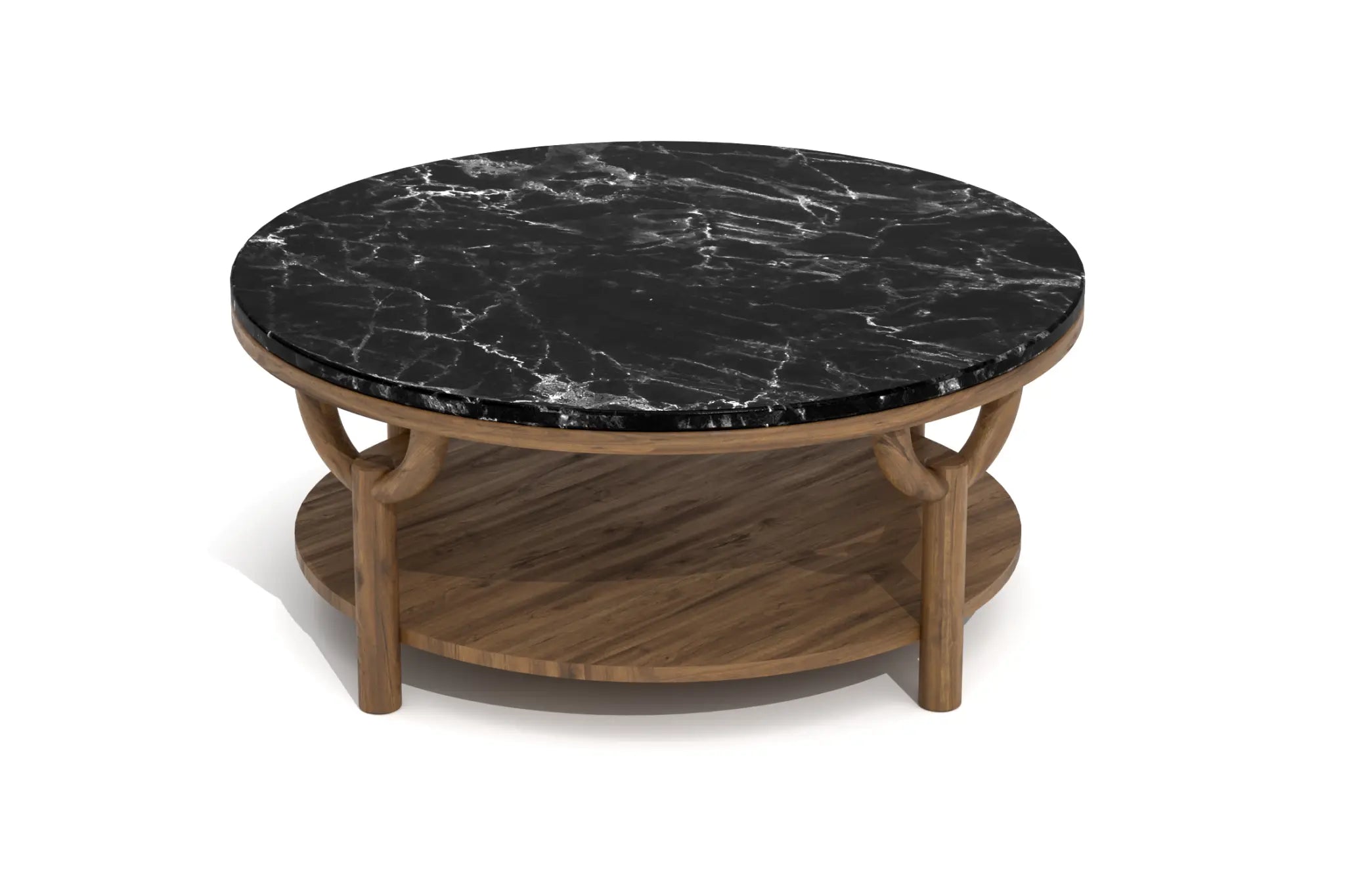 Olive Round Coffee Table with black marble top and walnut-finish base, featuring a lower shelf and curved supports.