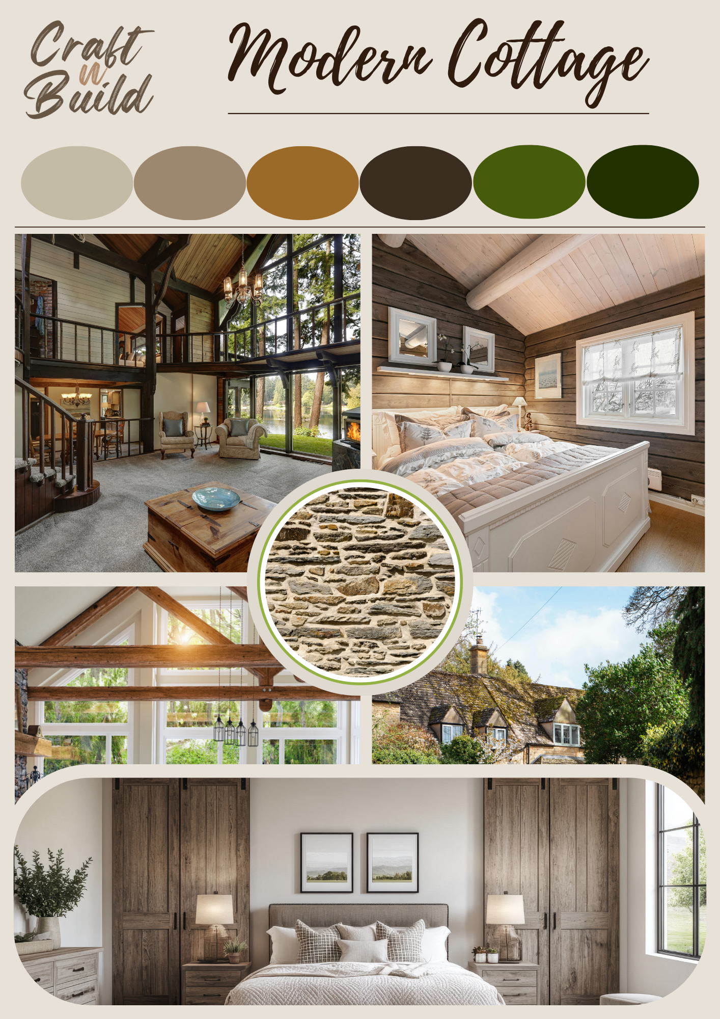 Modern Cottage mood-board featuring rustic and contemporary interior design elements