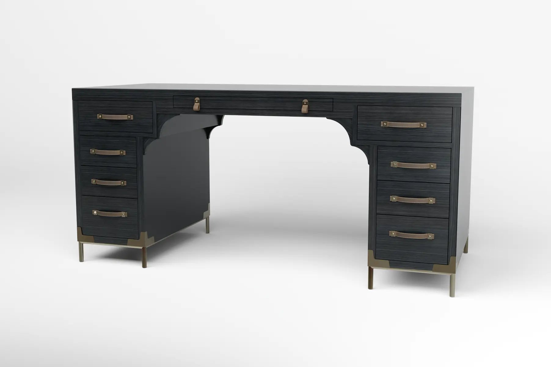 North Desk 3D CAD model with charcoal wood finish, brass accents, leather handles, and ample storage.