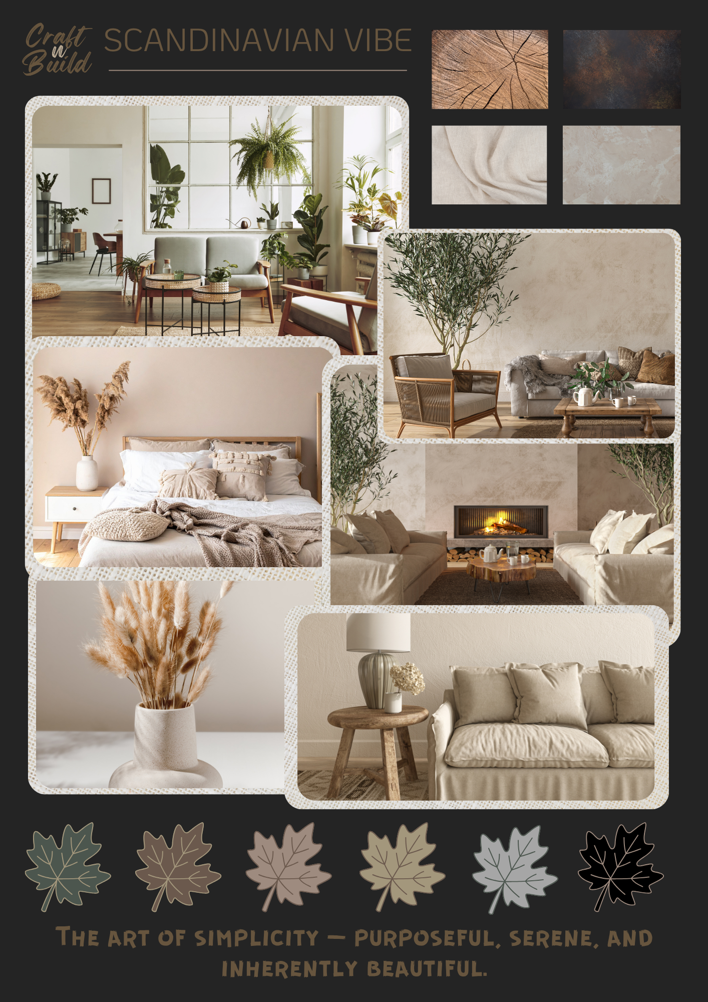 Scandinavian Vibe Moodboard template showcasing minimalist decor, natural textures, and neutral tones for serene interior design.