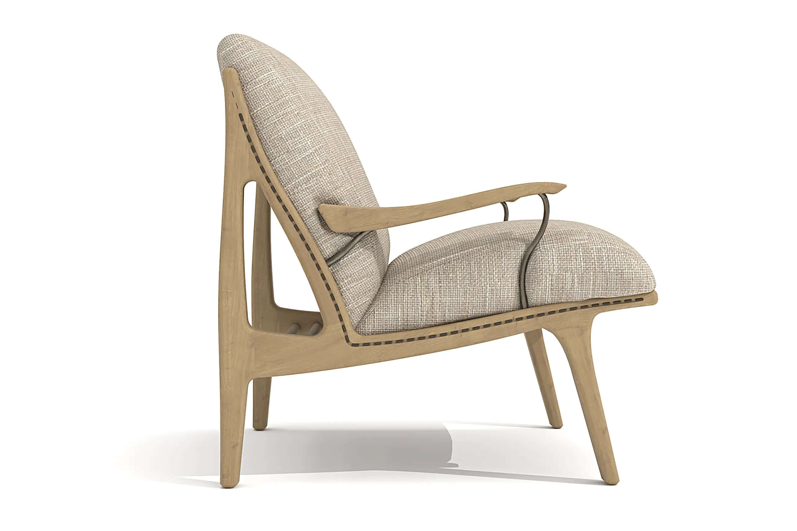 Lennon Lounge Chair - 3D CAD showcasing sculptural design with oak frame and fabric upholstery.